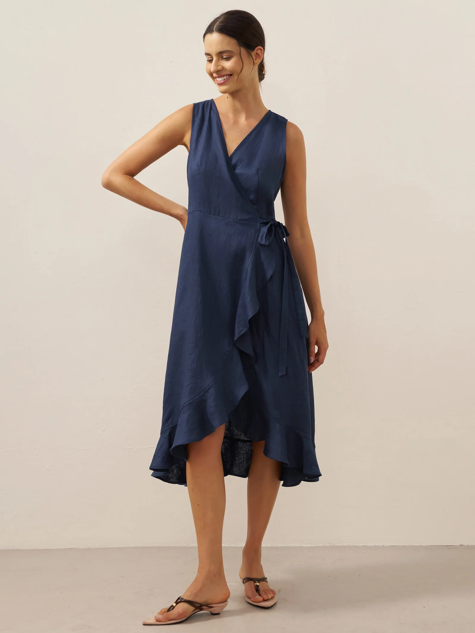 100% Linen V-Neck One-Piece Ruffle Hem Maxi Dress MAYA - Image 13