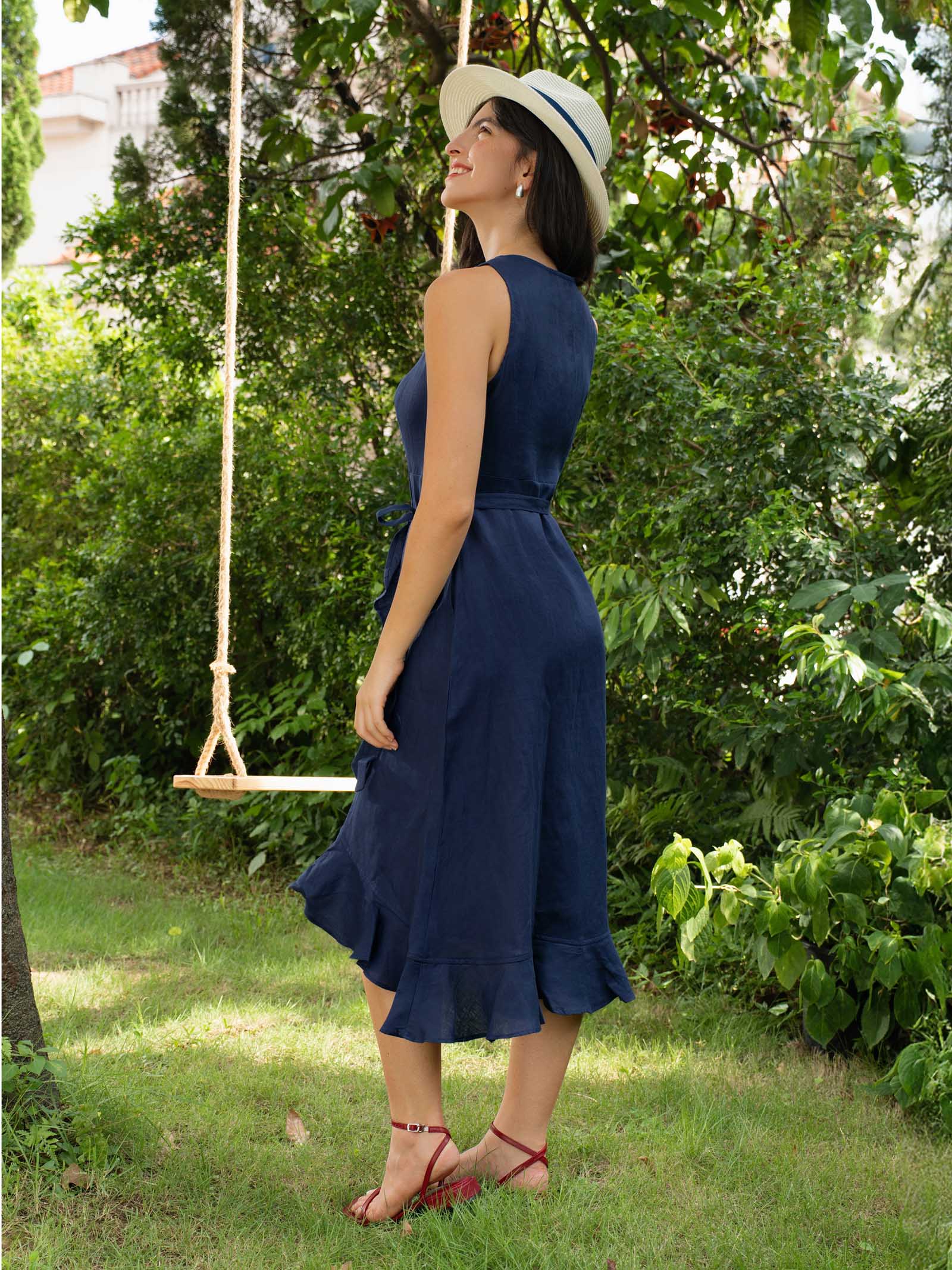 100% Linen V-Neck One-Piece Ruffle Hem Maxi Dress MAYA - Image 3