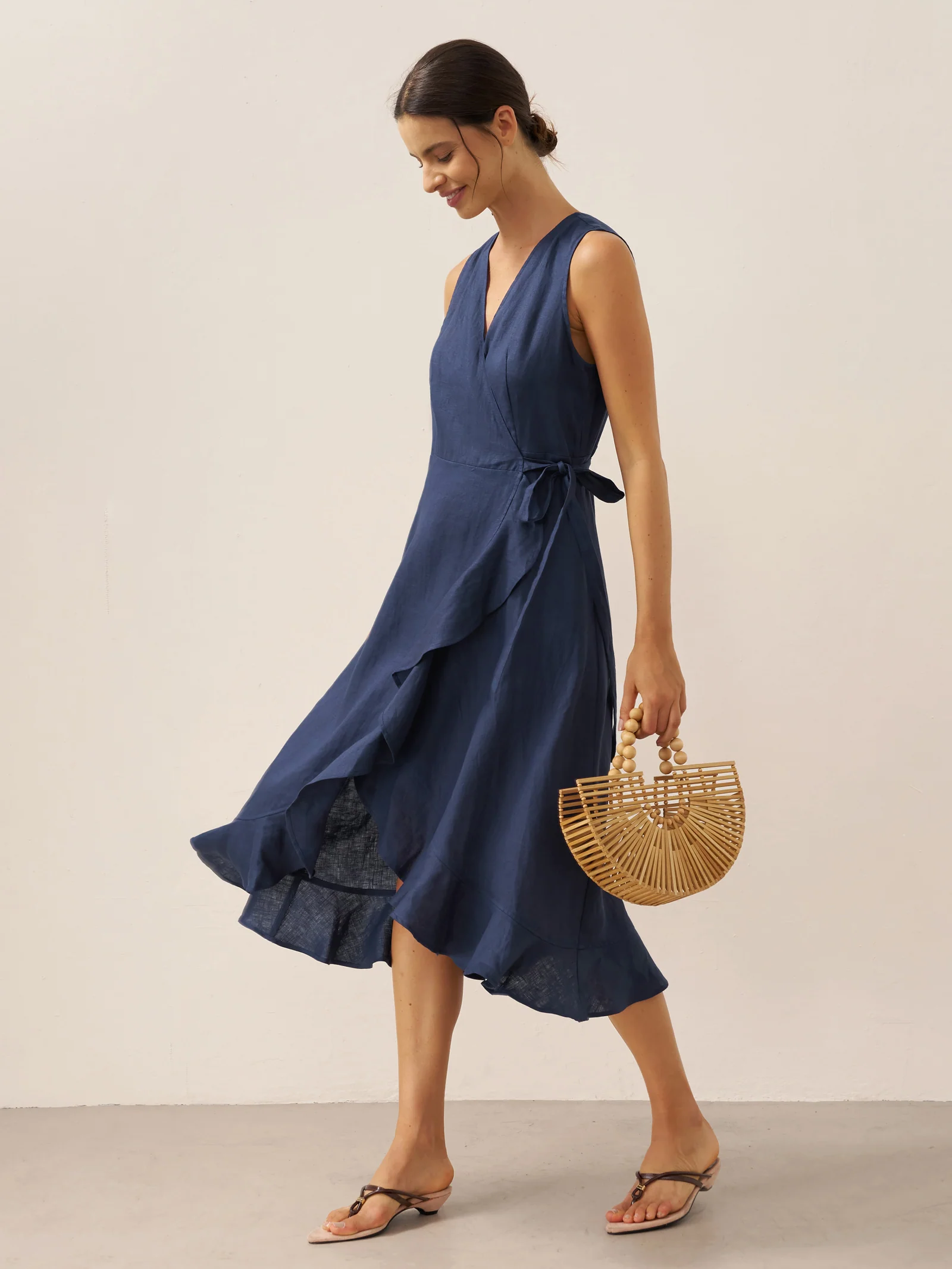 100% Linen V-Neck One-Piece Ruffle Hem Maxi Dress MAYA - Image 6