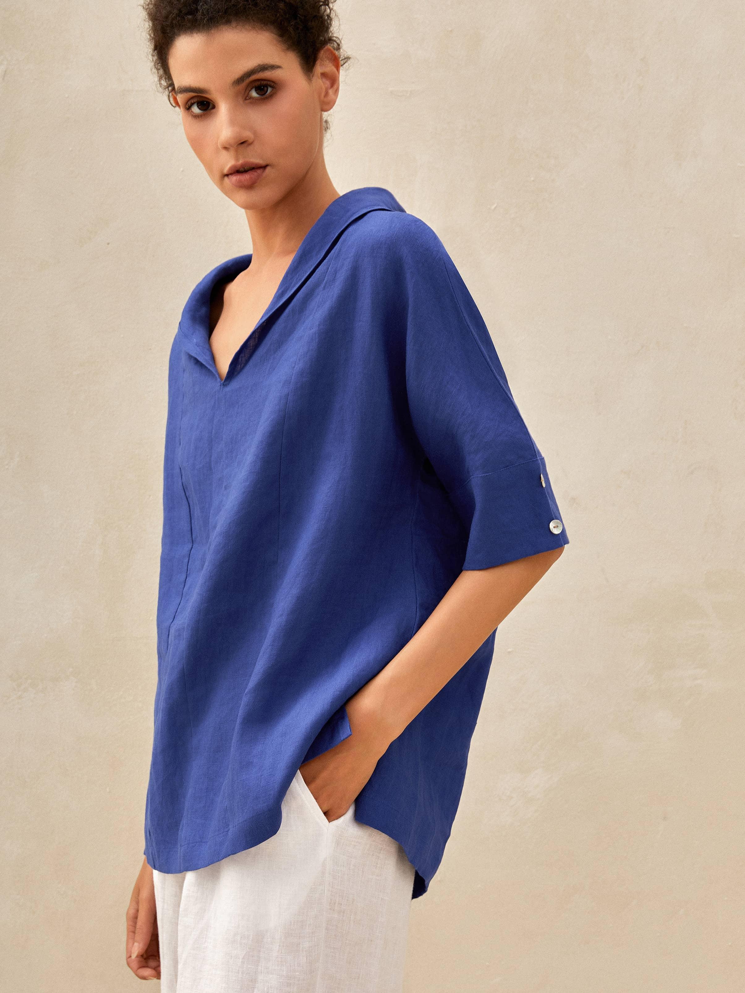 100% Linen V-Neck Short Sleeve Shirt SIERRA - Image 10