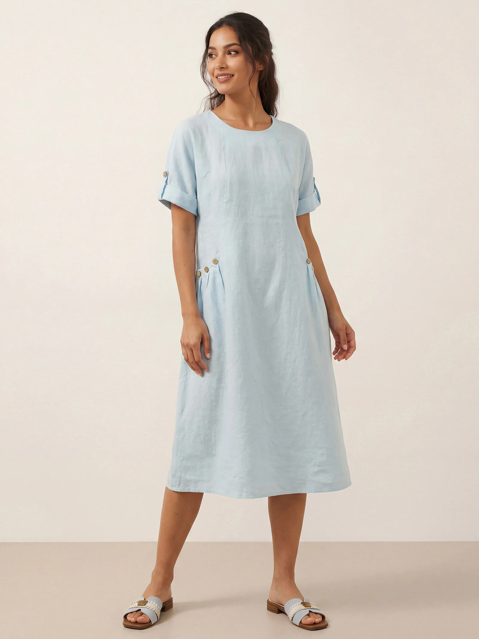 100% Linen Vintage A-Line Button Detail Maxi Dress AMIN - Image 2