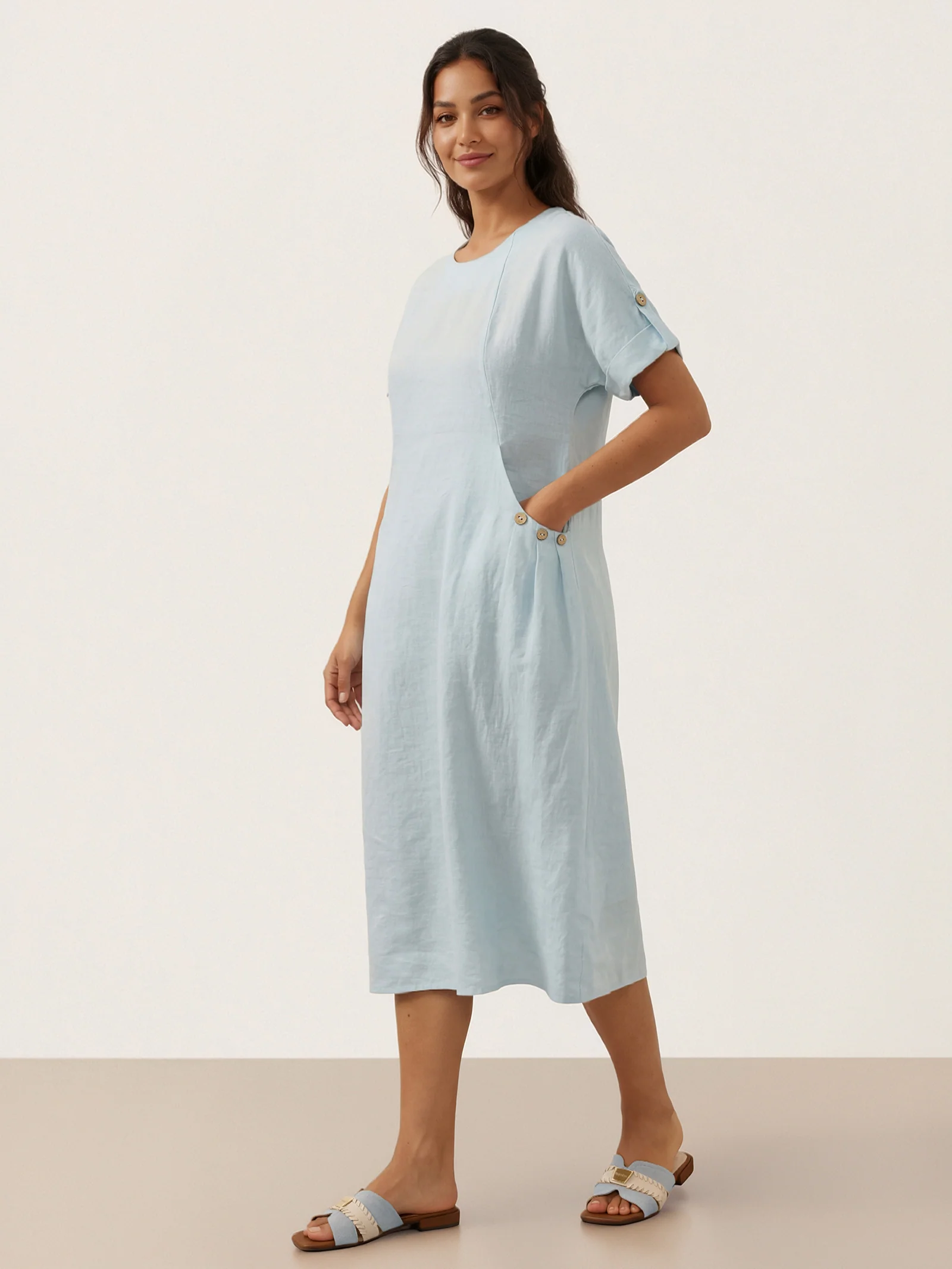 100% Linen Vintage A-Line Button Detail Maxi Dress AMIN - Image 4