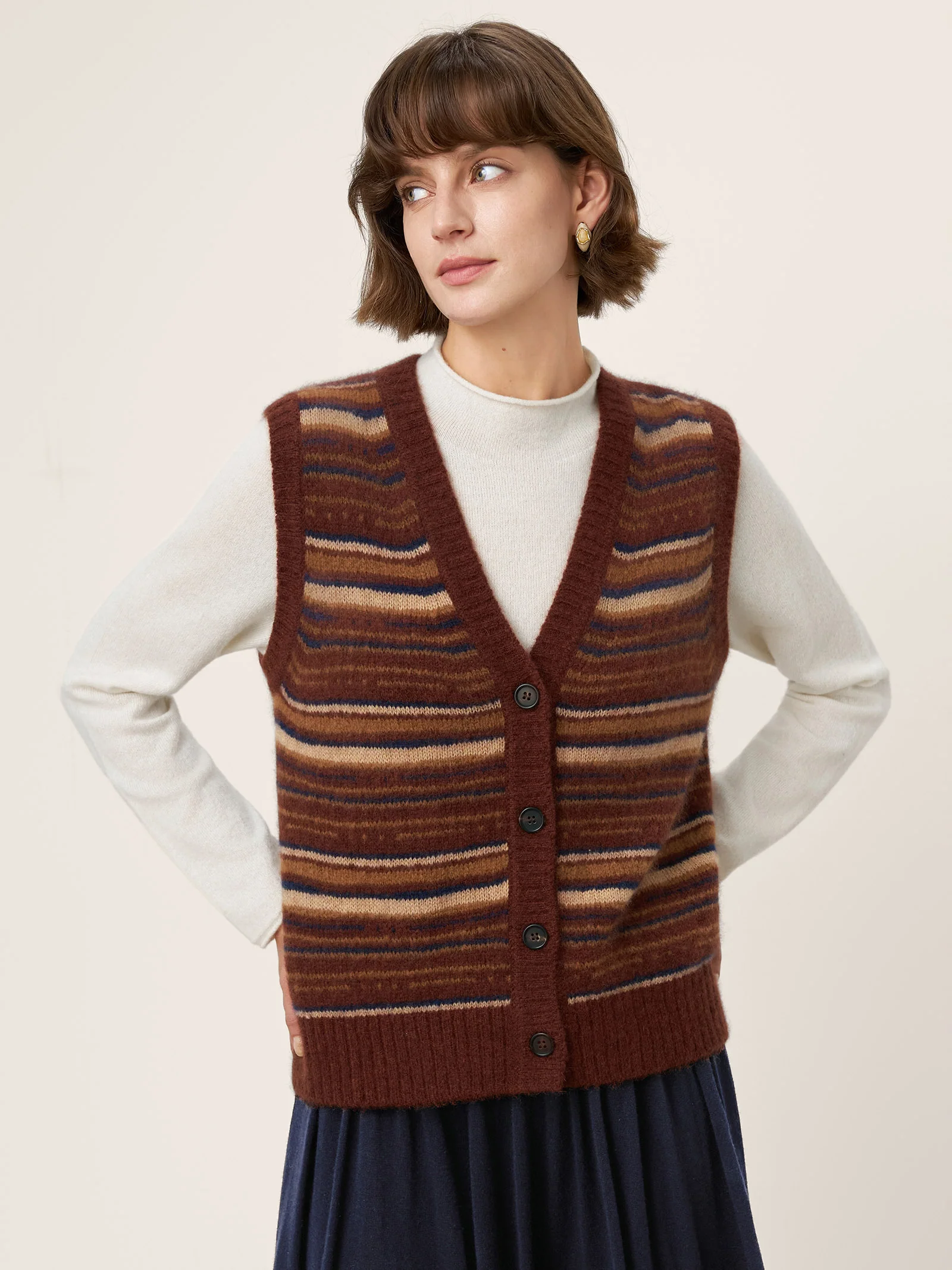 Mongolian Cashmere and Mulberry Silk Colorblock Stripe Button-Front Vest SOPHIE - Image 2