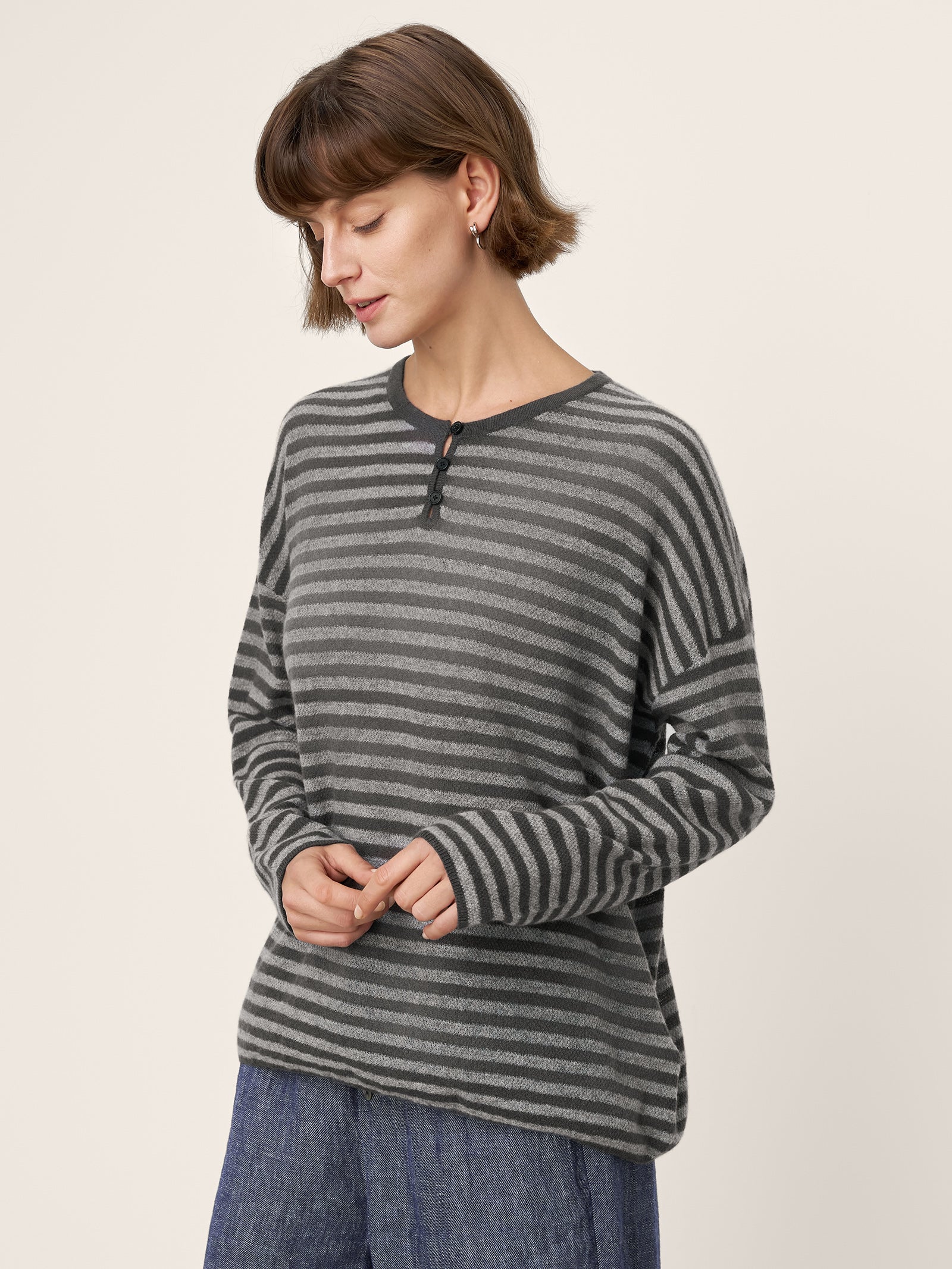100% Mongolian Cashmere Drop Shoulder Stripe Knit Top RAINA - Image 2
