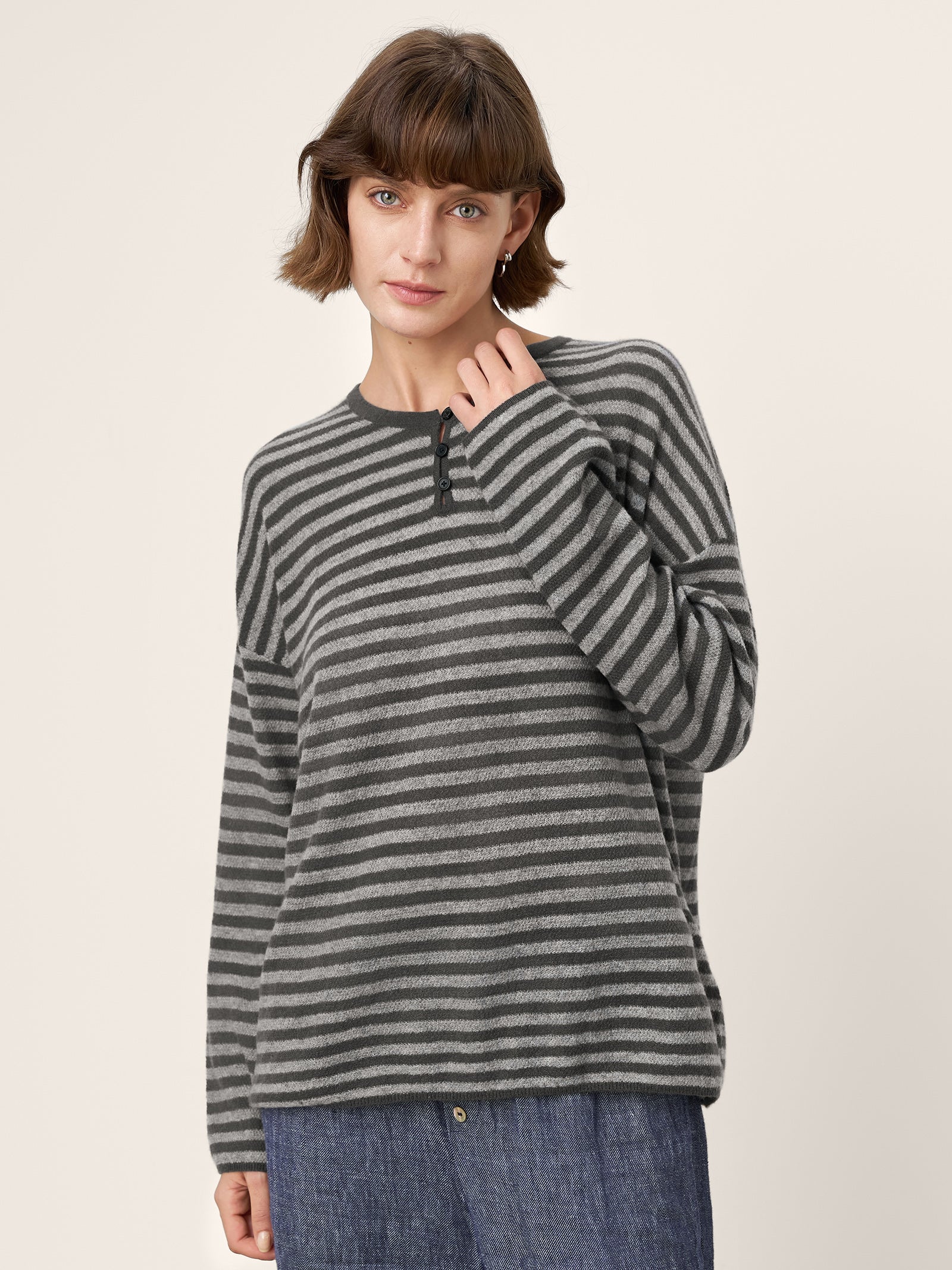 100% Mongolian Cashmere Drop Shoulder Stripe Knit Top RAINA - Image 3