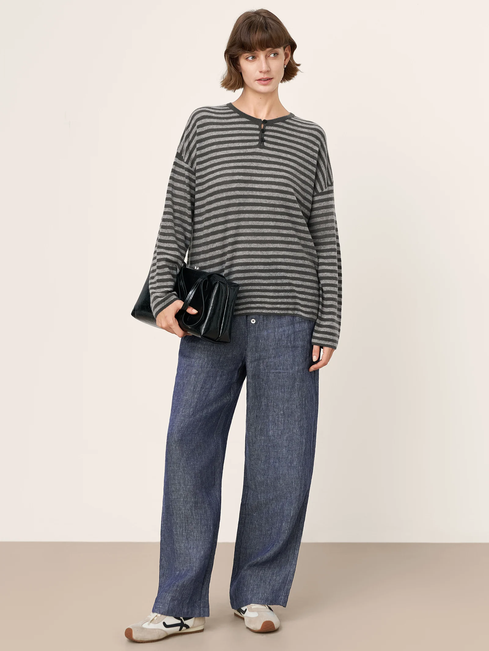 100% Mongolian Cashmere Drop Shoulder Stripe Knit Top RAINA - Image 5