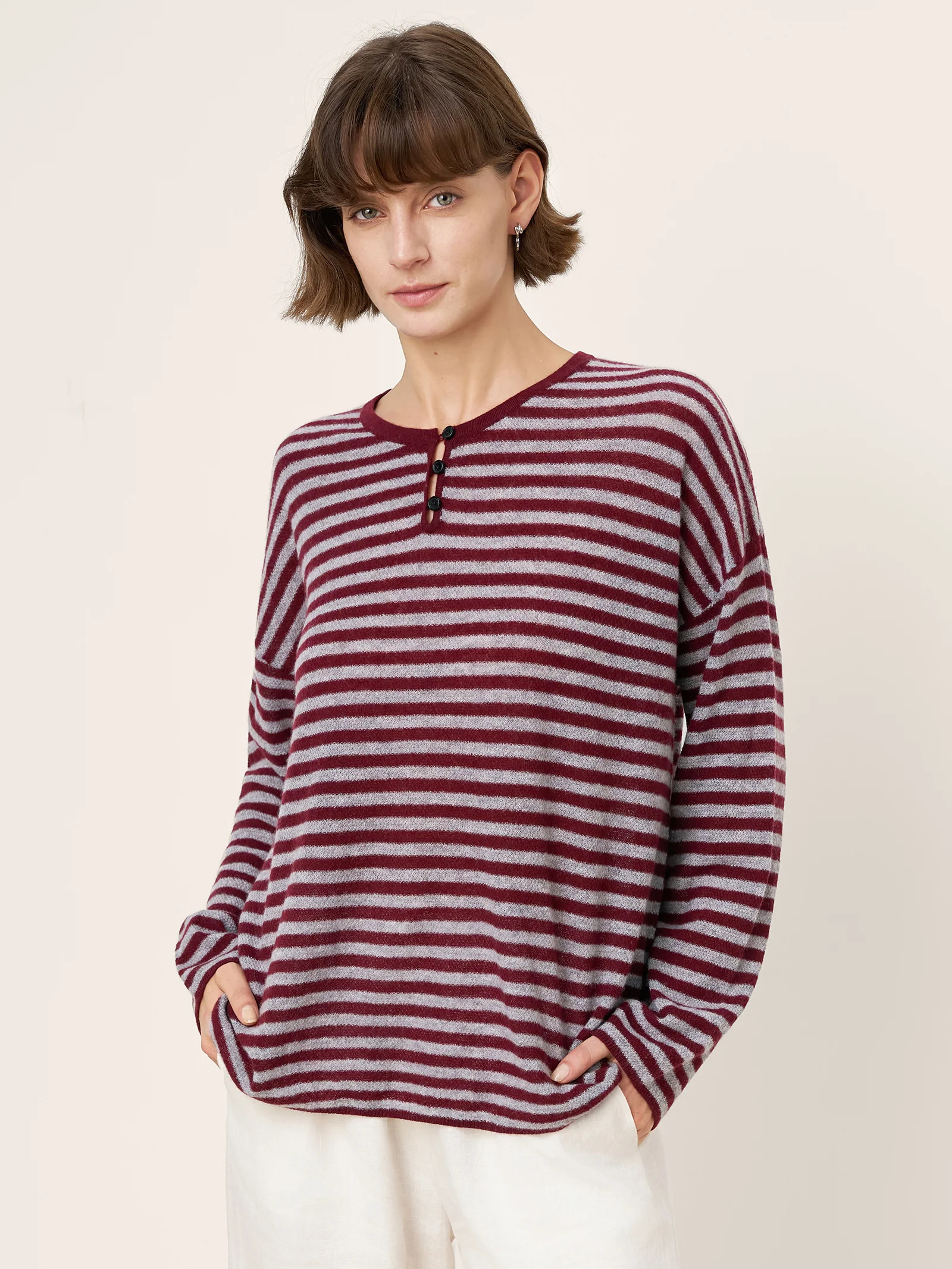 100% Mongolian Cashmere Drop Shoulder Stripe Knit Top RAINA - Image 8