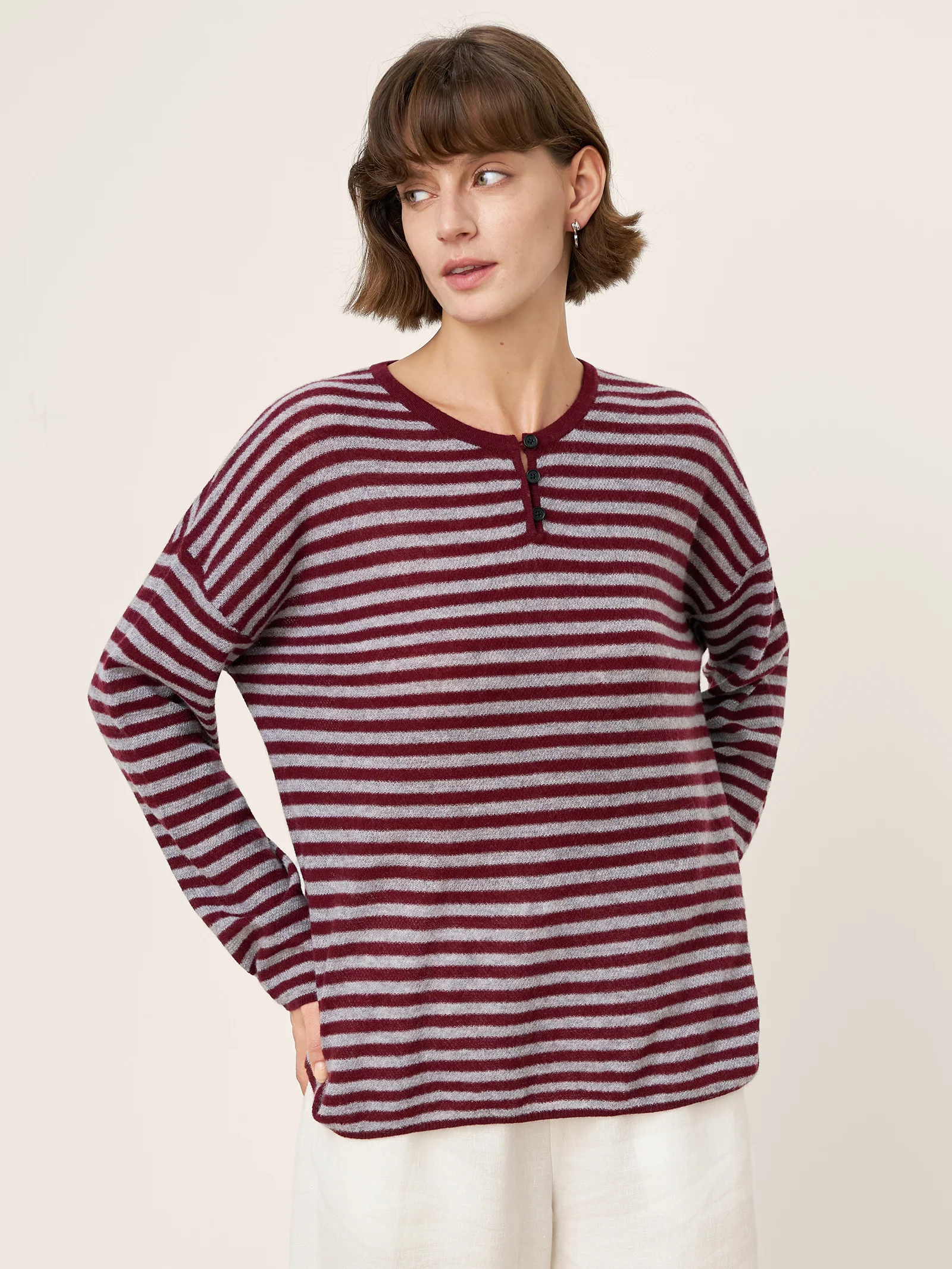 100% Mongolian Cashmere Drop Shoulder Stripe Knit Top RAINA - Image 9