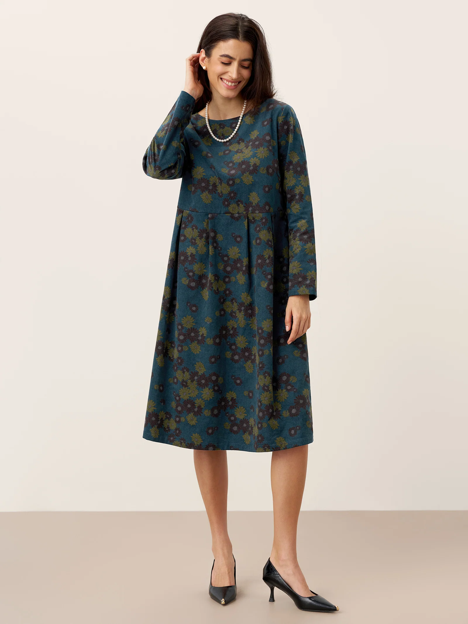 100% Organic Cotton Ruched Print Boat Neck Midi Dress CRESSIDA