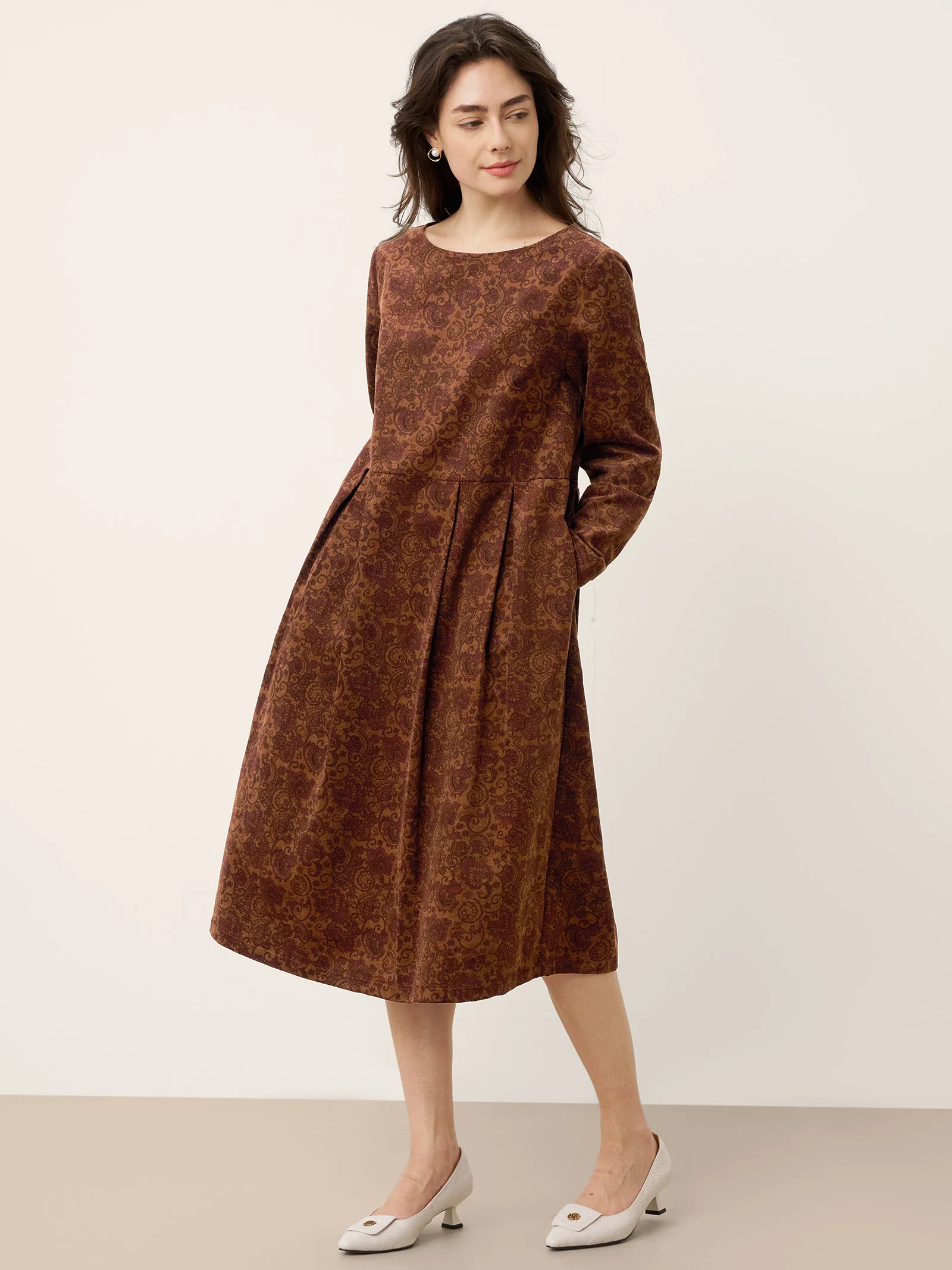 100% Organic Cotton Ruched Print Boat Neck Midi Dress CRESSIDA - Image 10