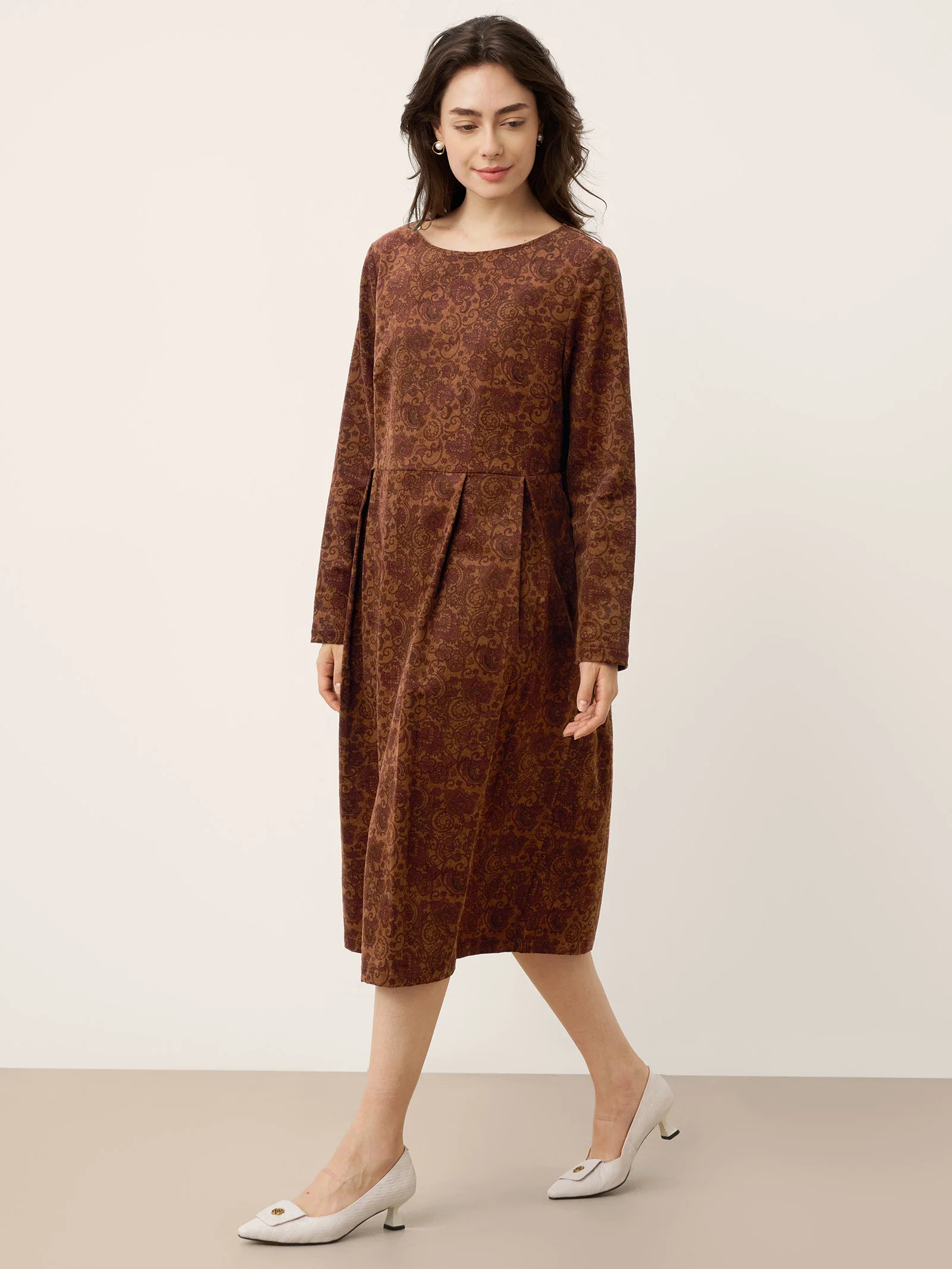 100% Organic Cotton Ruched Print Boat Neck Midi Dress CRESSIDA - Image 11