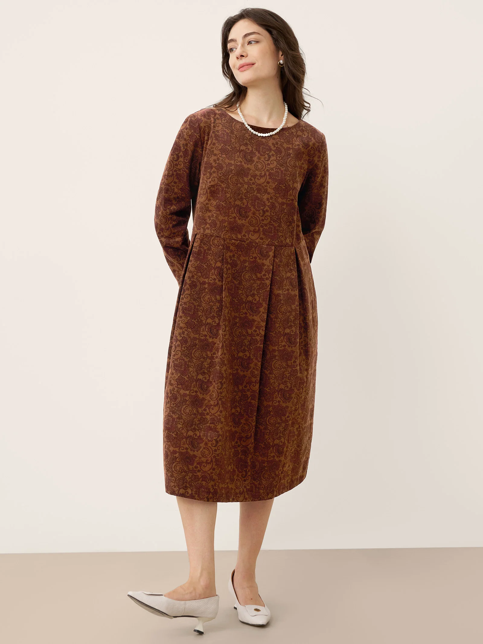 100% Organic Cotton Ruched Print Boat Neck Midi Dress CRESSIDA - Image 12