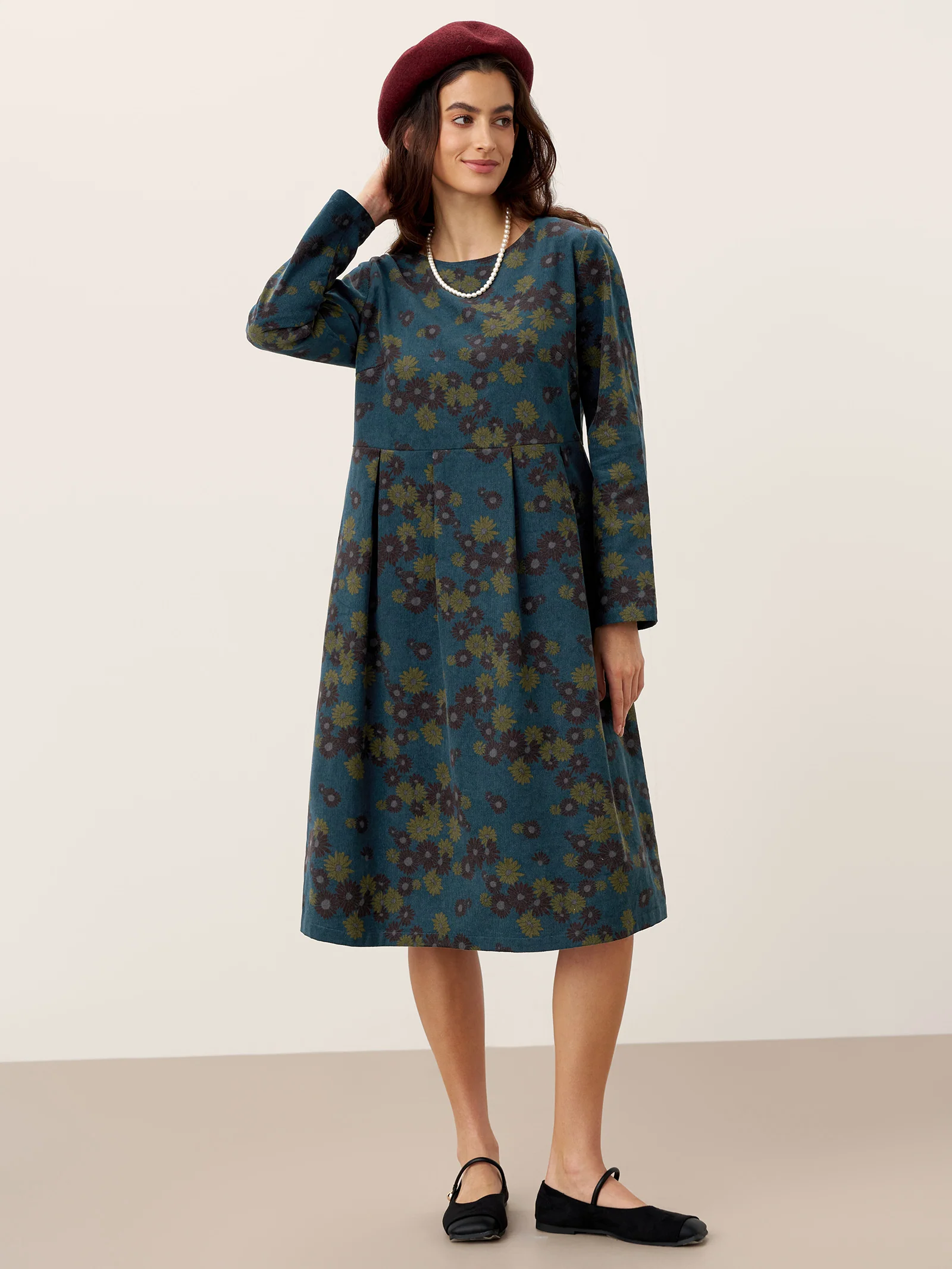 100% Organic Cotton Ruched Print Boat Neck Midi Dress CRESSIDA - Image 7