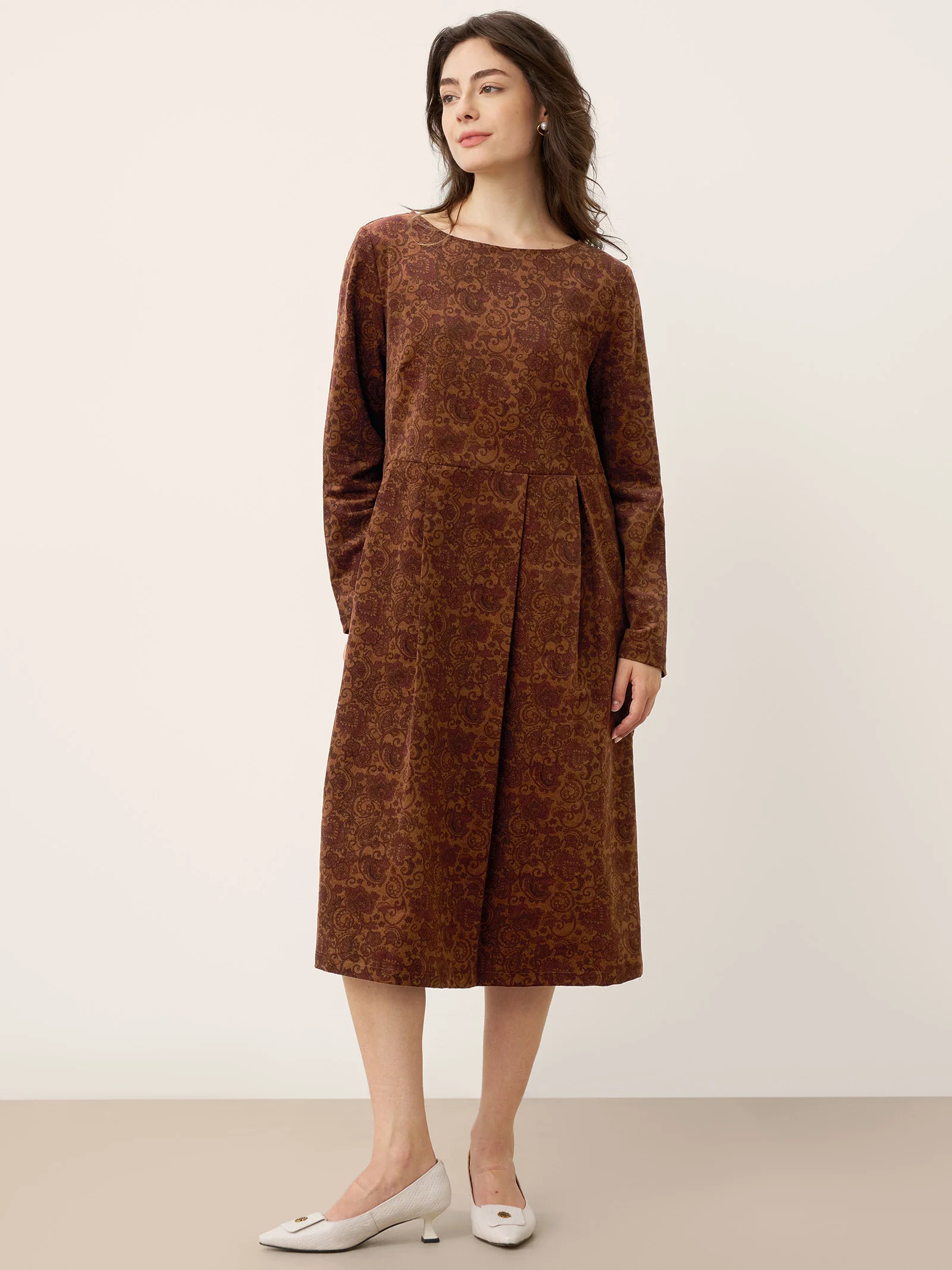 100% Organic Cotton Ruched Print Boat Neck Midi Dress CRESSIDA - Image 8