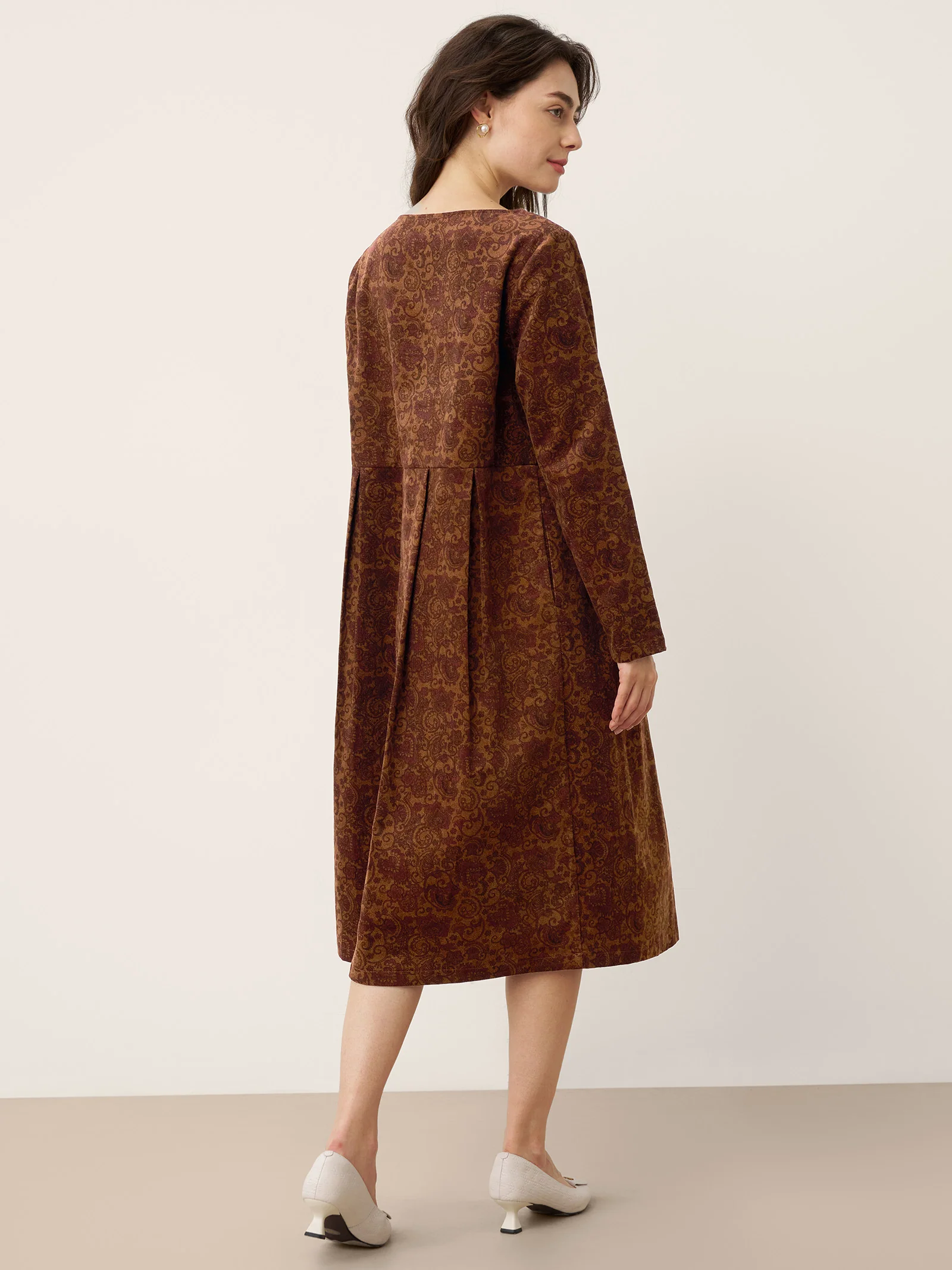 100% Organic Cotton Ruched Print Boat Neck Midi Dress CRESSIDA - Image 9