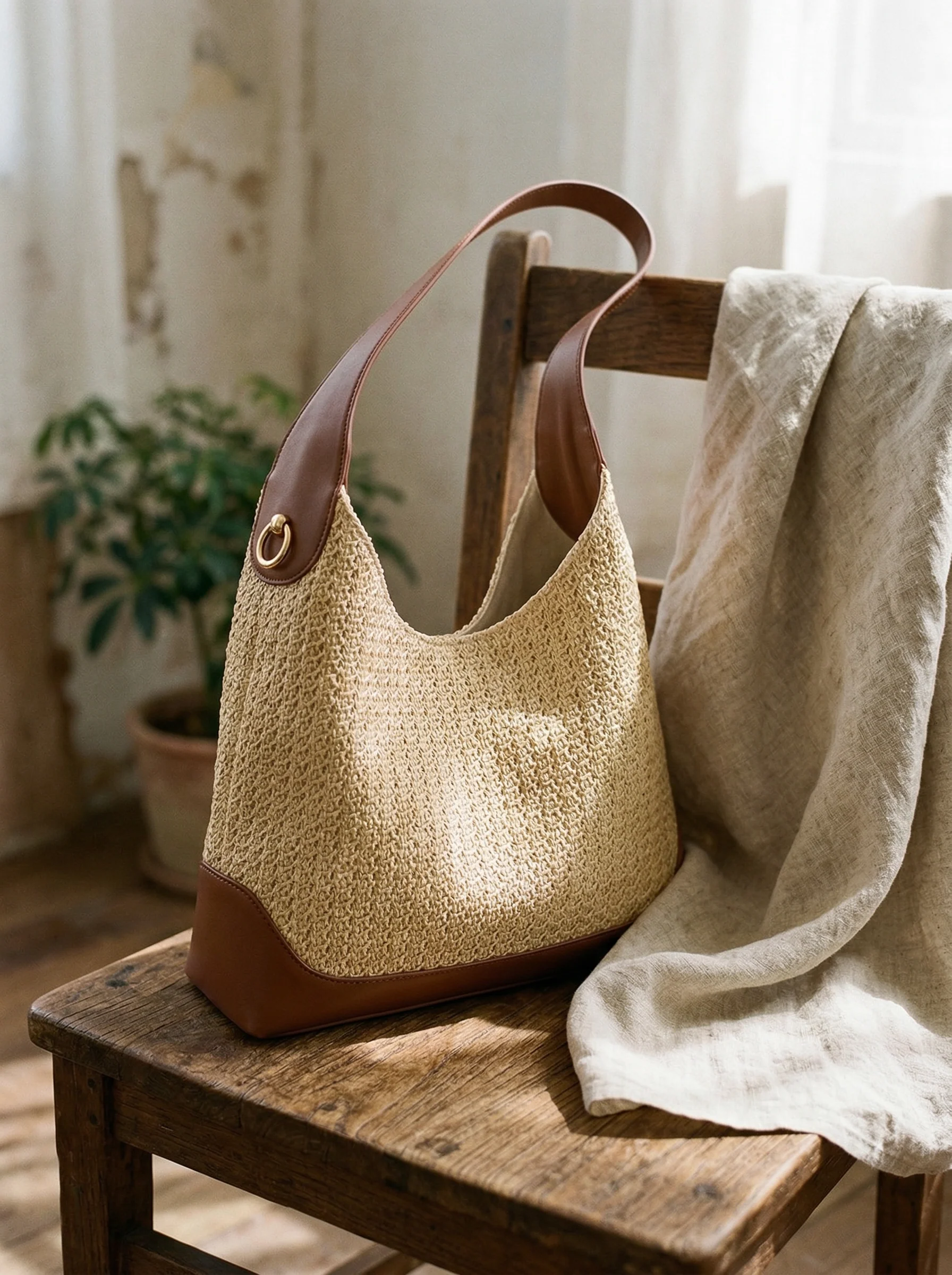 Artisanal Handwoven Colorblock Bucket Bag for Effortless Coastal Style - Image 4