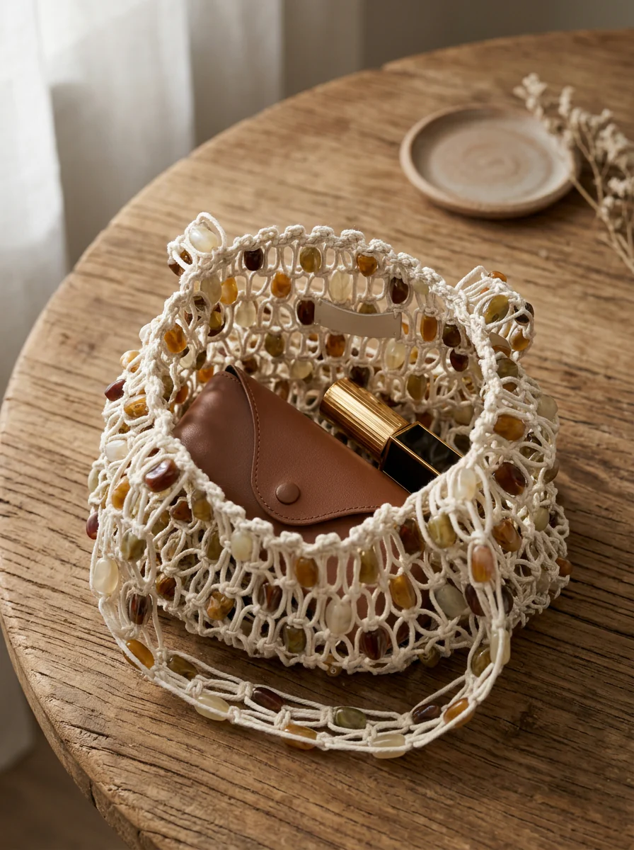 Artisanal Handwoven Gem Bead Crochet Tote Bag - Image 4