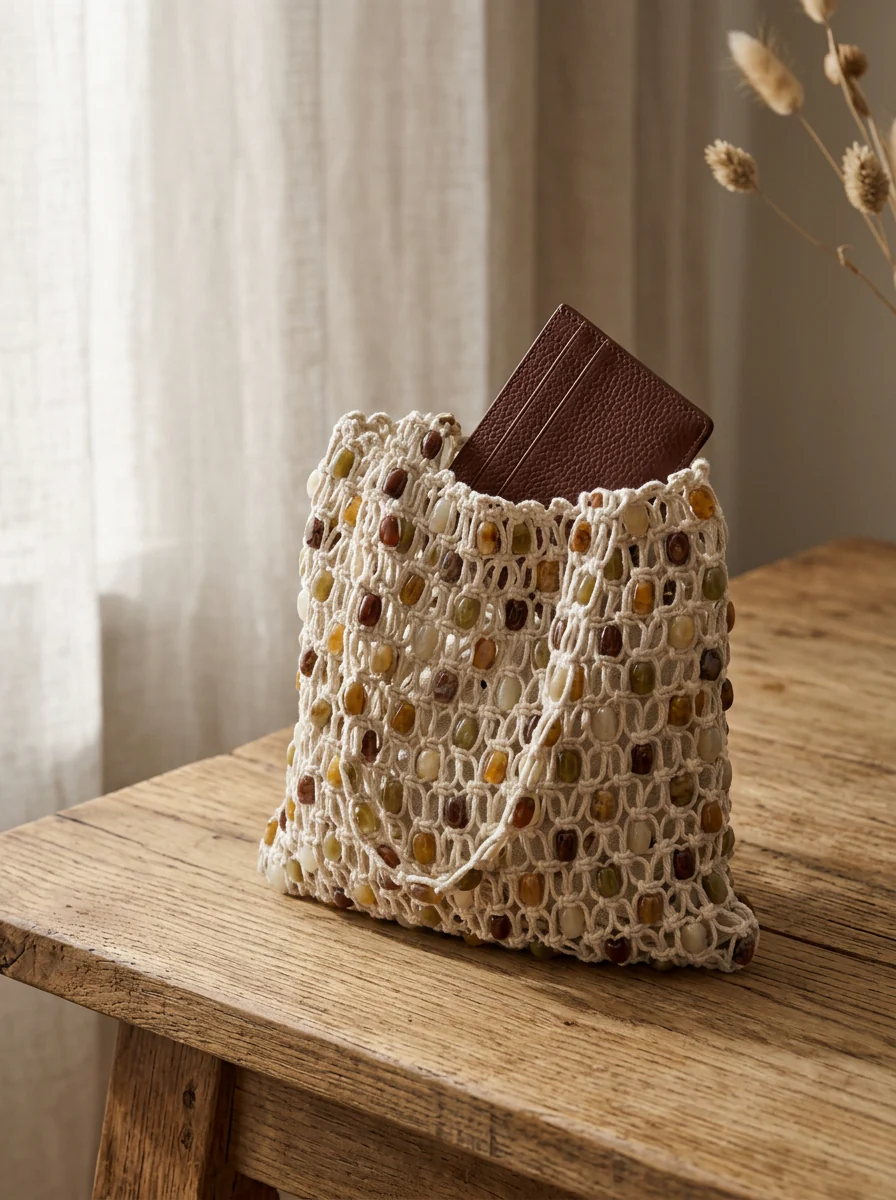 Artisanal Handwoven Gem Bead Crochet Tote Bag - Image 5