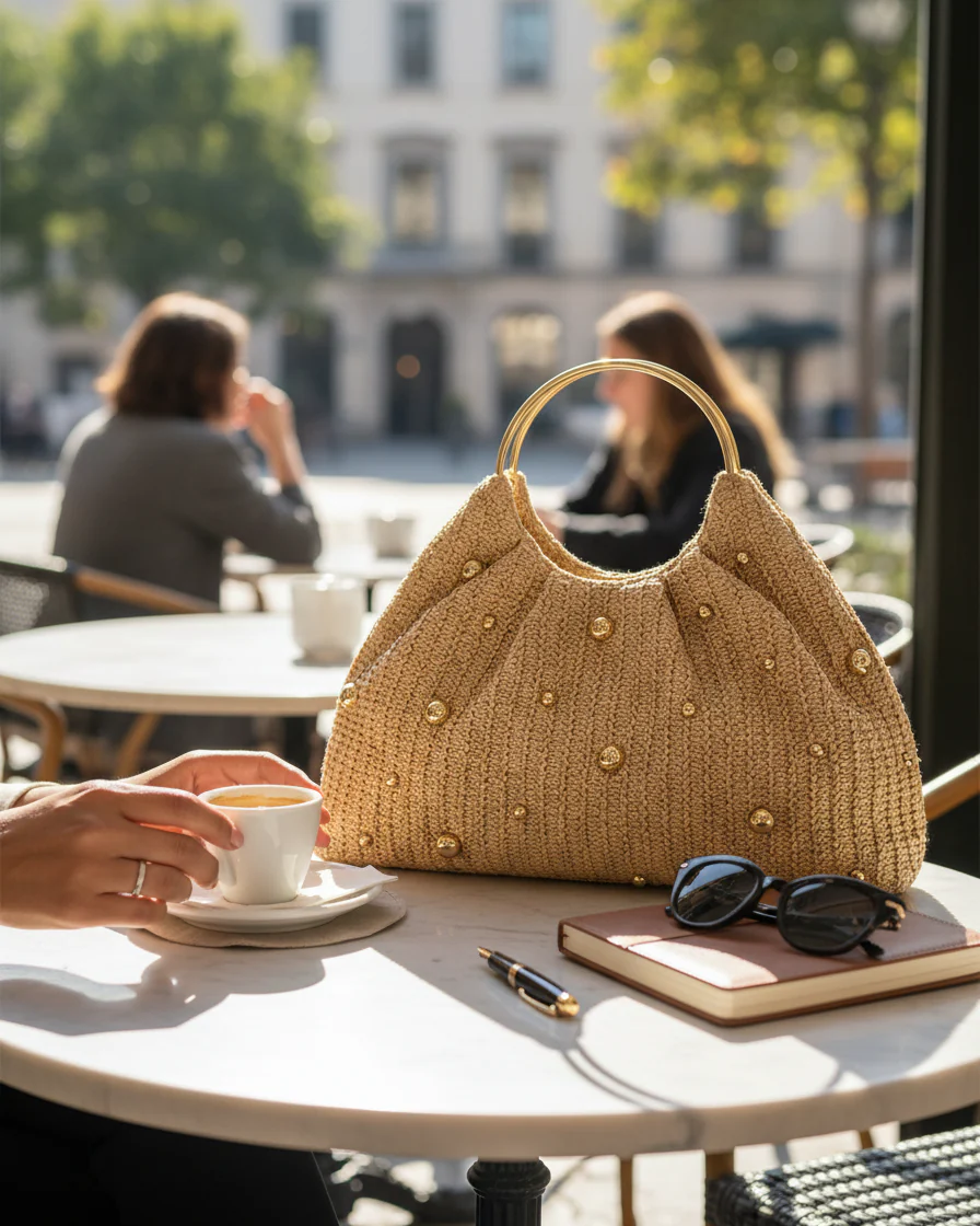Artisanal Studded Handwoven Raffia Bag with Sculptural Gold Ring Handle - Image 4