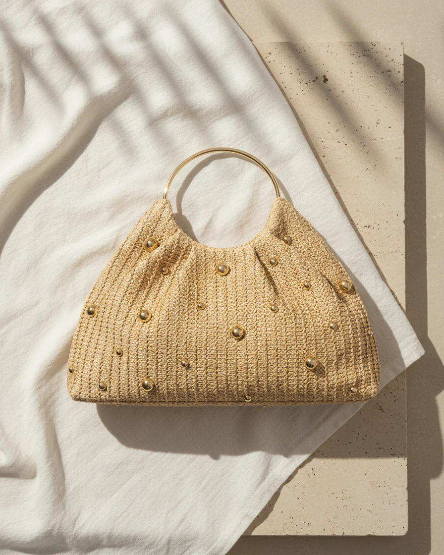 Artisanal Studded Handwoven Raffia Bag with Sculptural Gold Ring Handle - Image 5