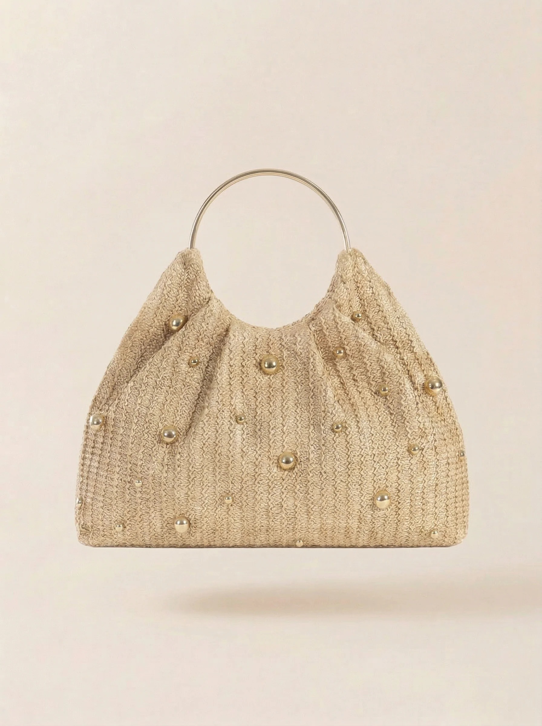 Artisanal Studded Handwoven Raffia Bag with Sculptural Gold Ring Handle - Image 6