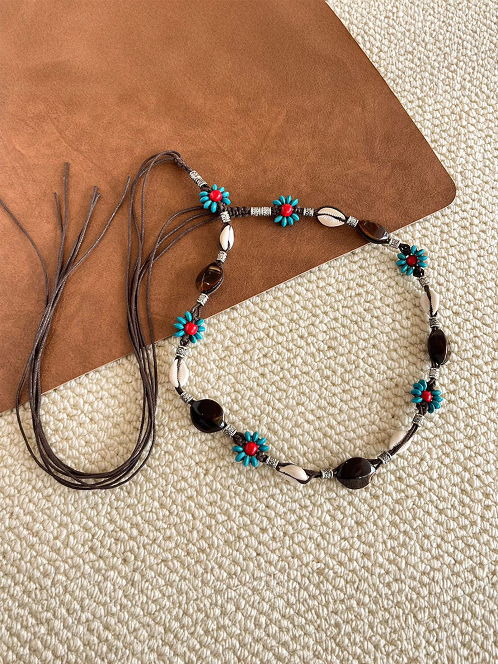 Bohemian Hand-Woven Waxed Cord Waist Rope With Natural Stone & Wood Beads - Image 2