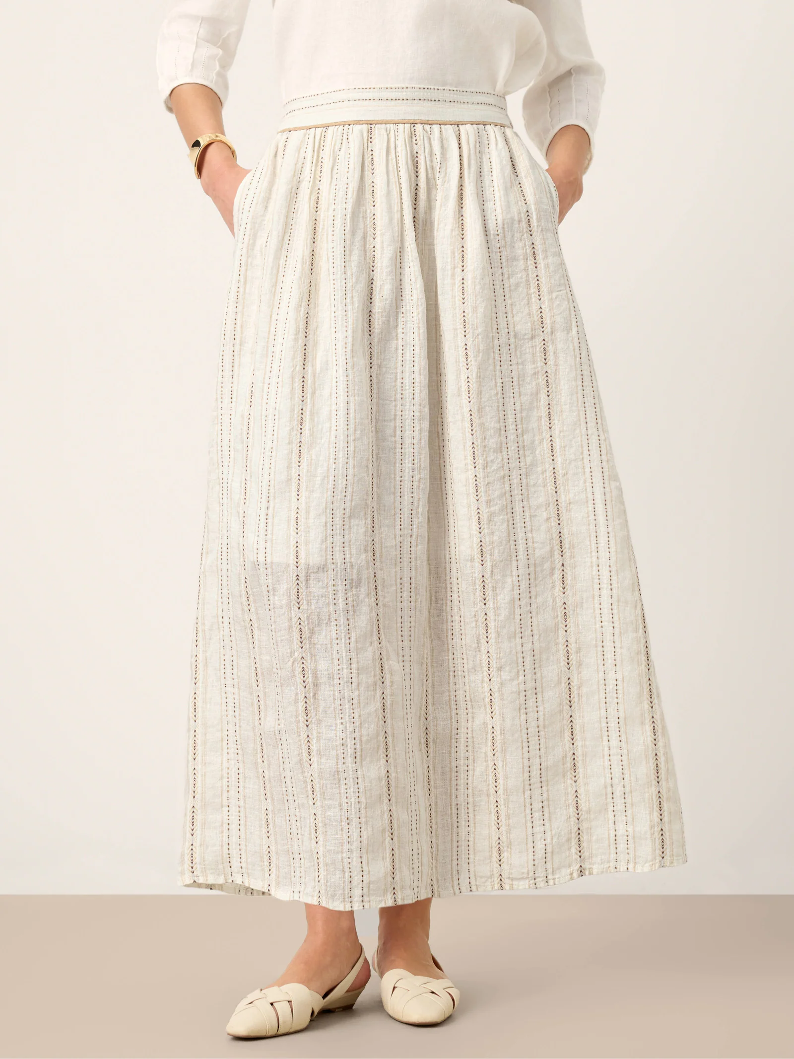 Linen Striped Contrast Trim A-Line Bohemian Skirt with Lining ISMERIE