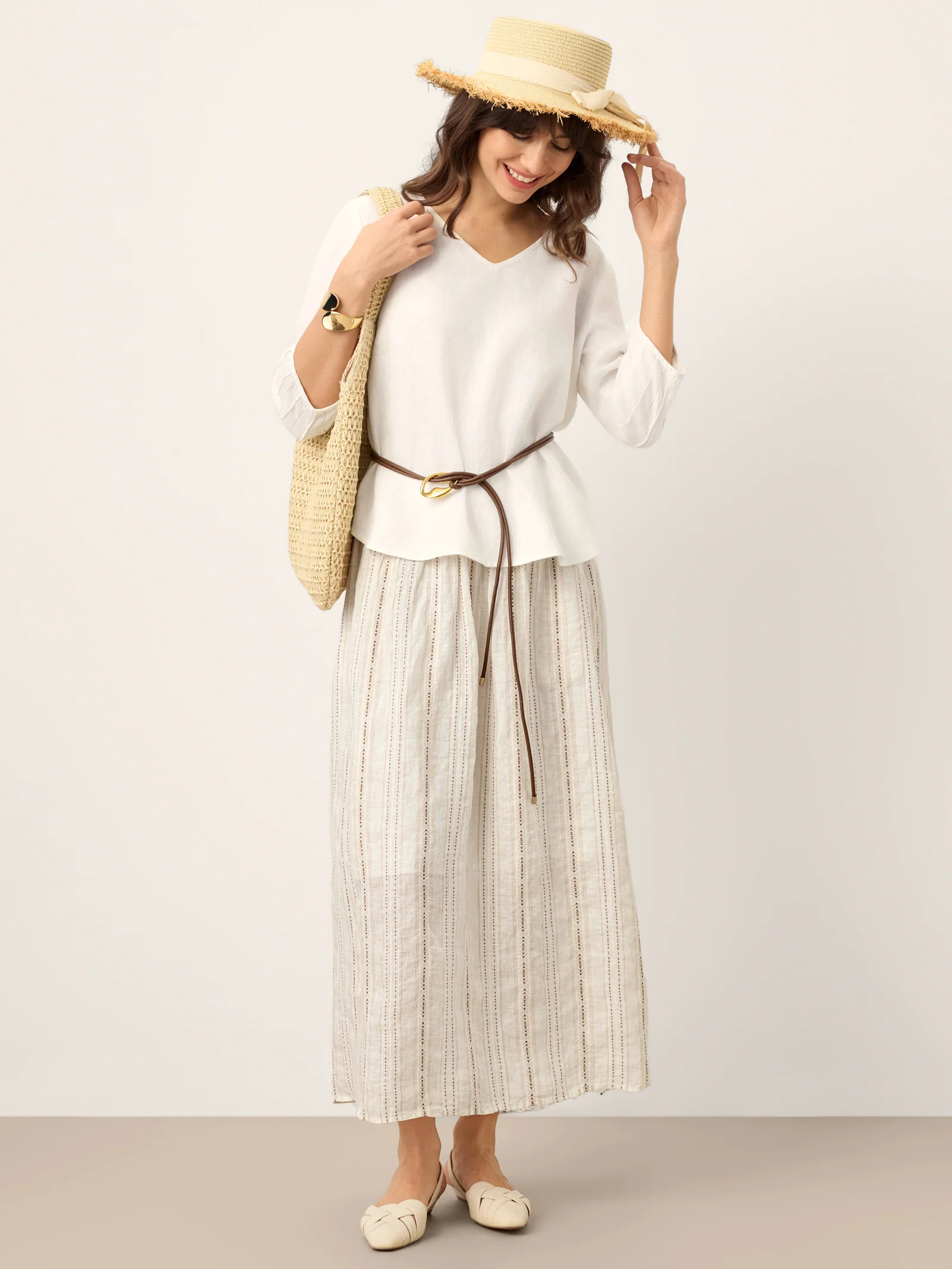 Linen Striped Contrast Trim A-Line Bohemian Skirt with Lining ISMERIE - Image 10