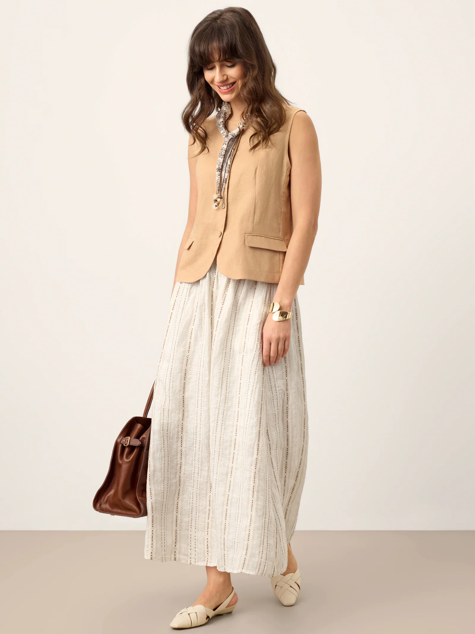 Linen Striped Contrast Trim A-Line Bohemian Skirt with Lining ISMERIE - Image 11