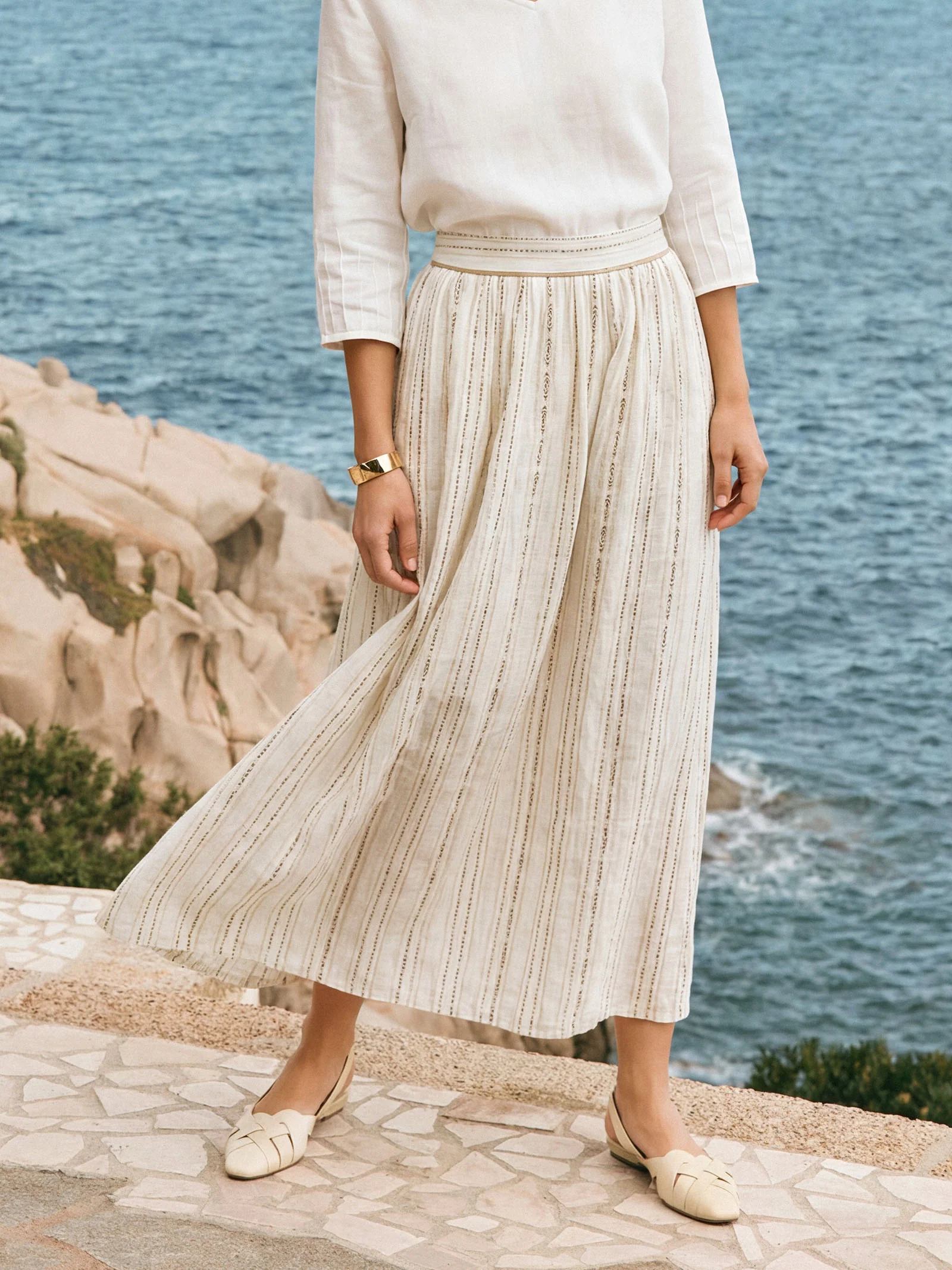 Linen Striped Contrast Trim A-Line Bohemian Skirt with Lining ISMERIE - Image 2