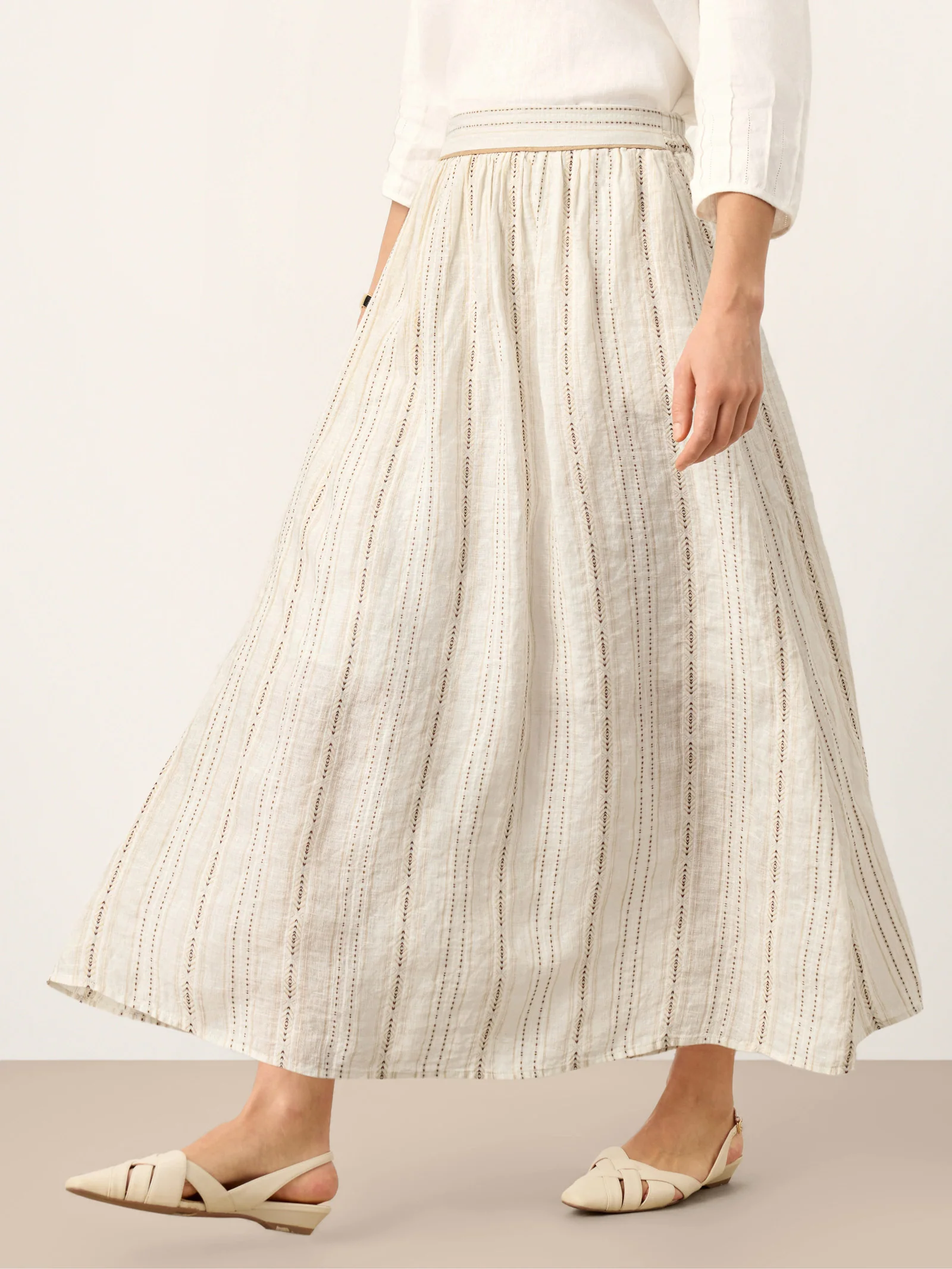Linen Striped Contrast Trim A-Line Bohemian Skirt with Lining ISMERIE - Image 3