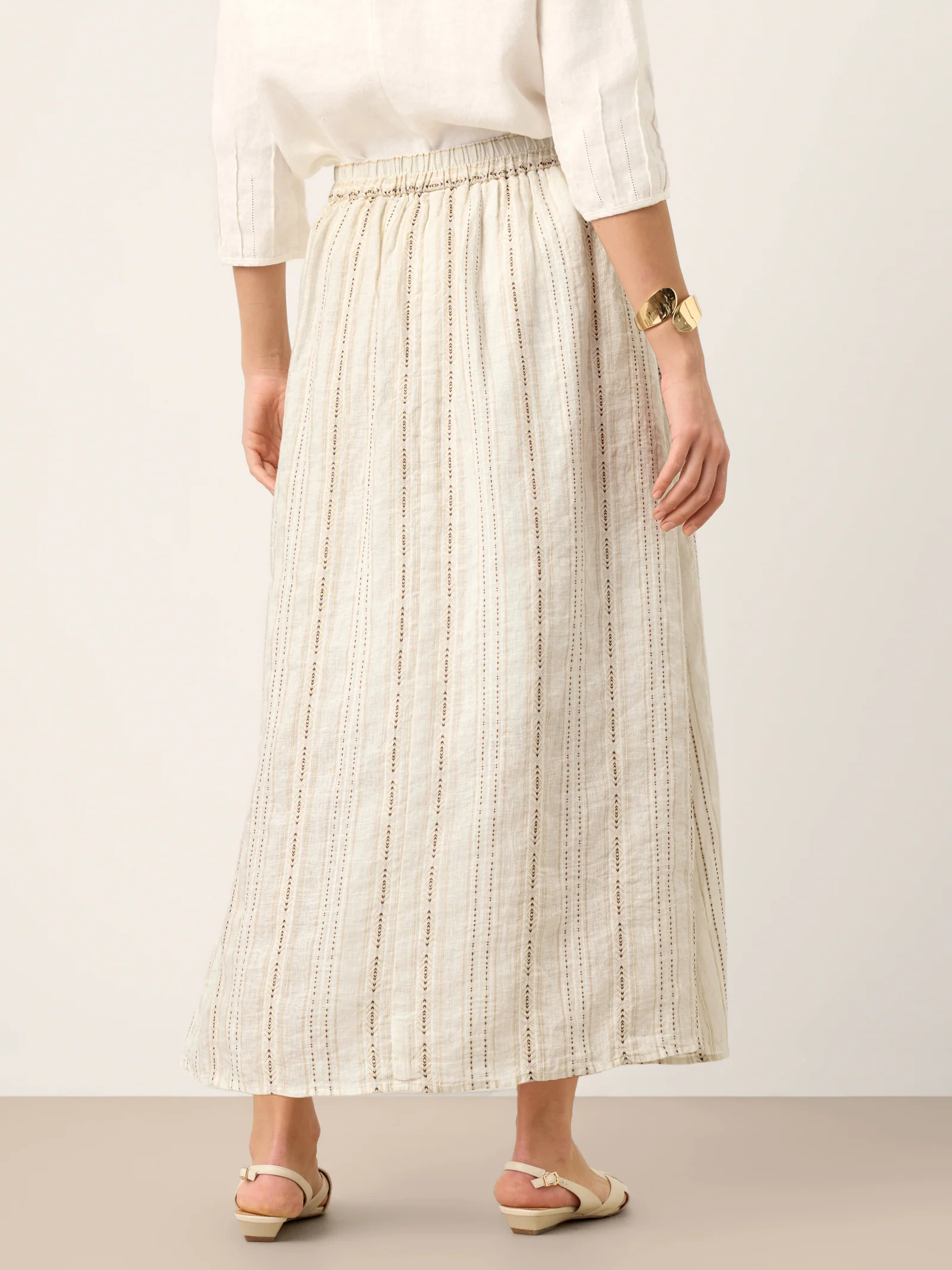 Linen Striped Contrast Trim A-Line Bohemian Skirt with Lining ISMERIE - Image 4