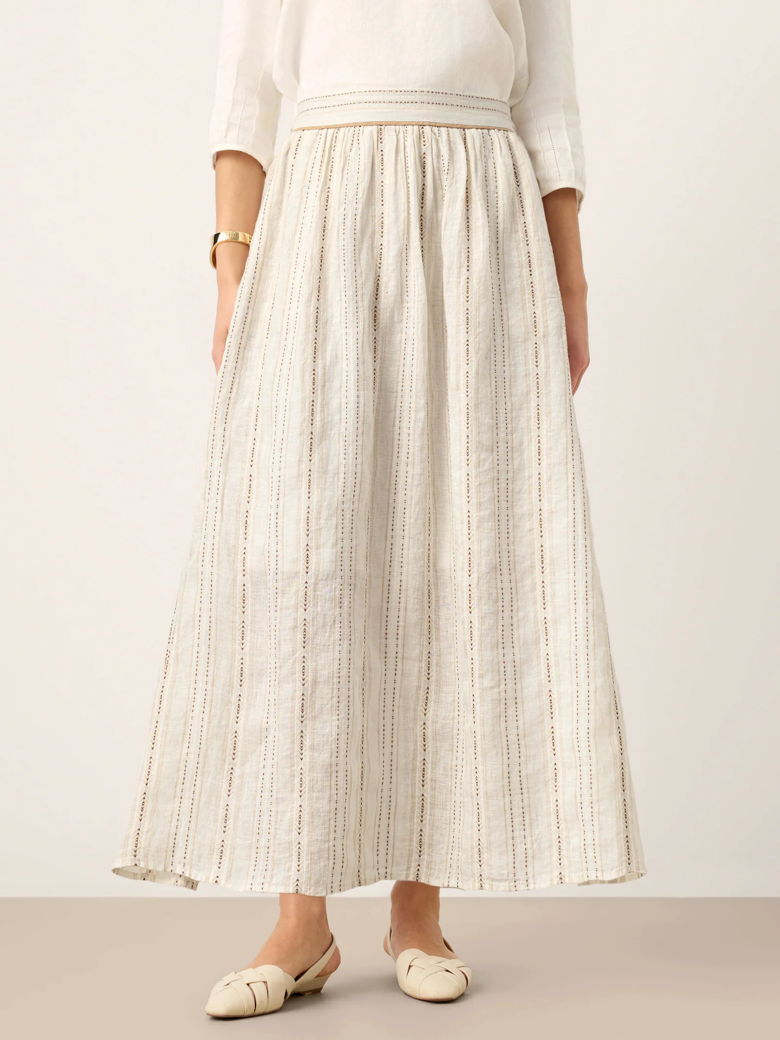 Linen Striped Contrast Trim A-Line Bohemian Skirt with Lining ISMERIE - Image 5