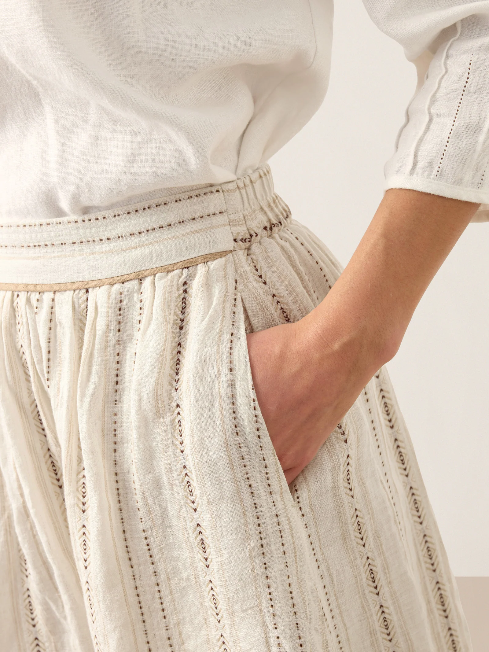 Linen Striped Contrast Trim A-Line Bohemian Skirt with Lining ISMERIE - Image 6