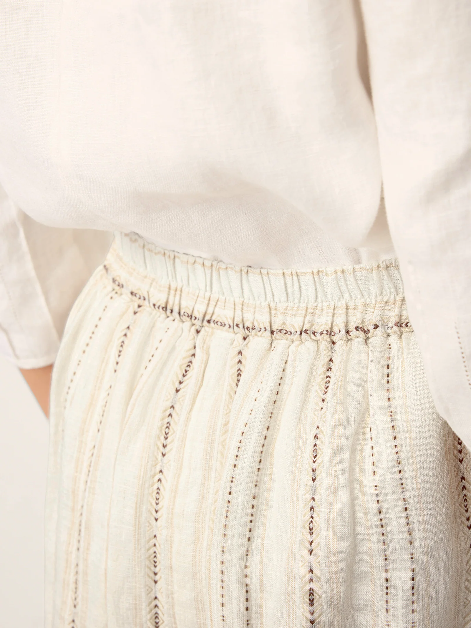 Linen Striped Contrast Trim A-Line Bohemian Skirt with Lining ISMERIE - Image 7