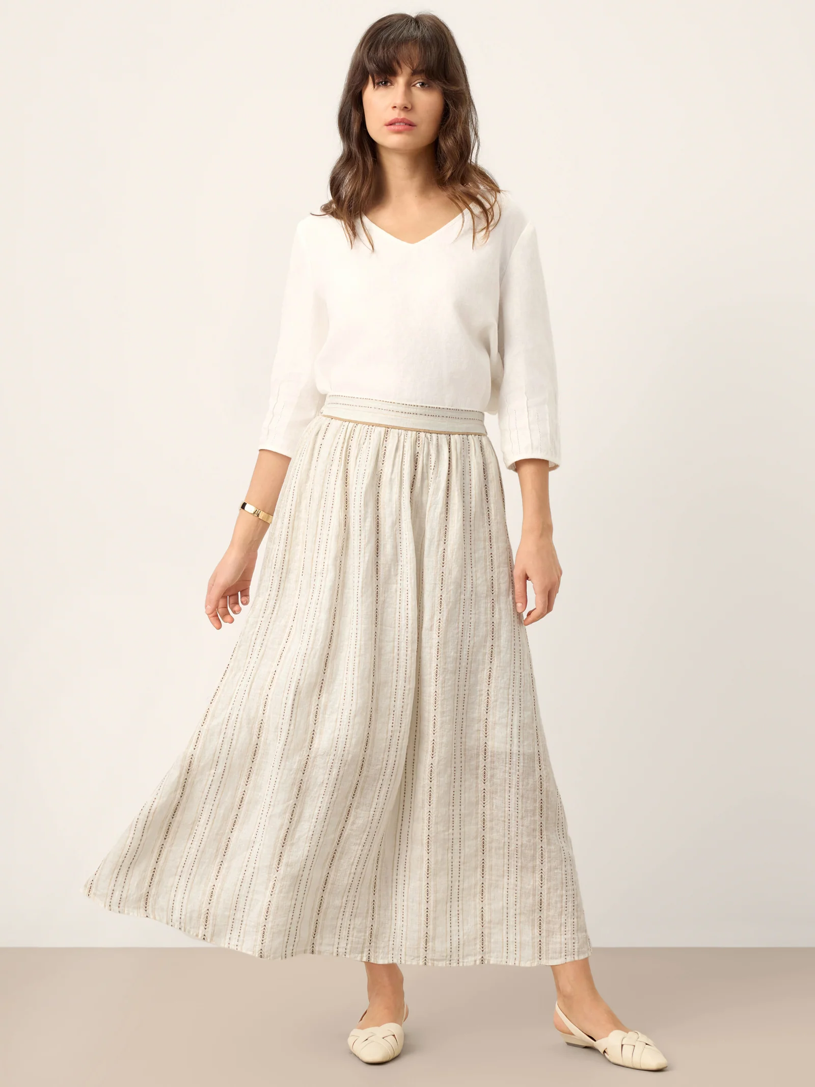Linen Striped Contrast Trim A-Line Bohemian Skirt with Lining ISMERIE - Image 8
