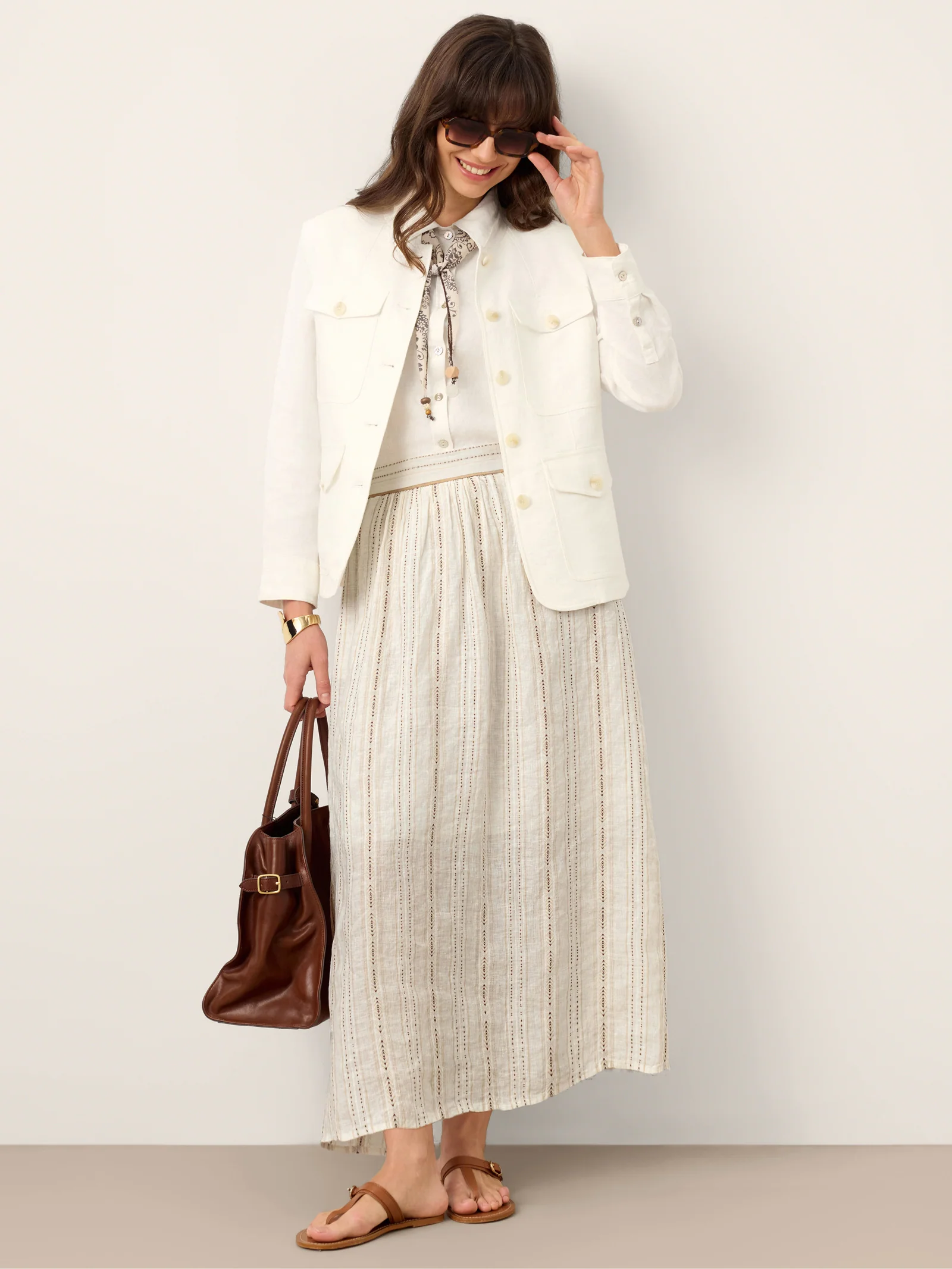 Linen Striped Contrast Trim A-Line Bohemian Skirt with Lining ISMERIE - Image 9