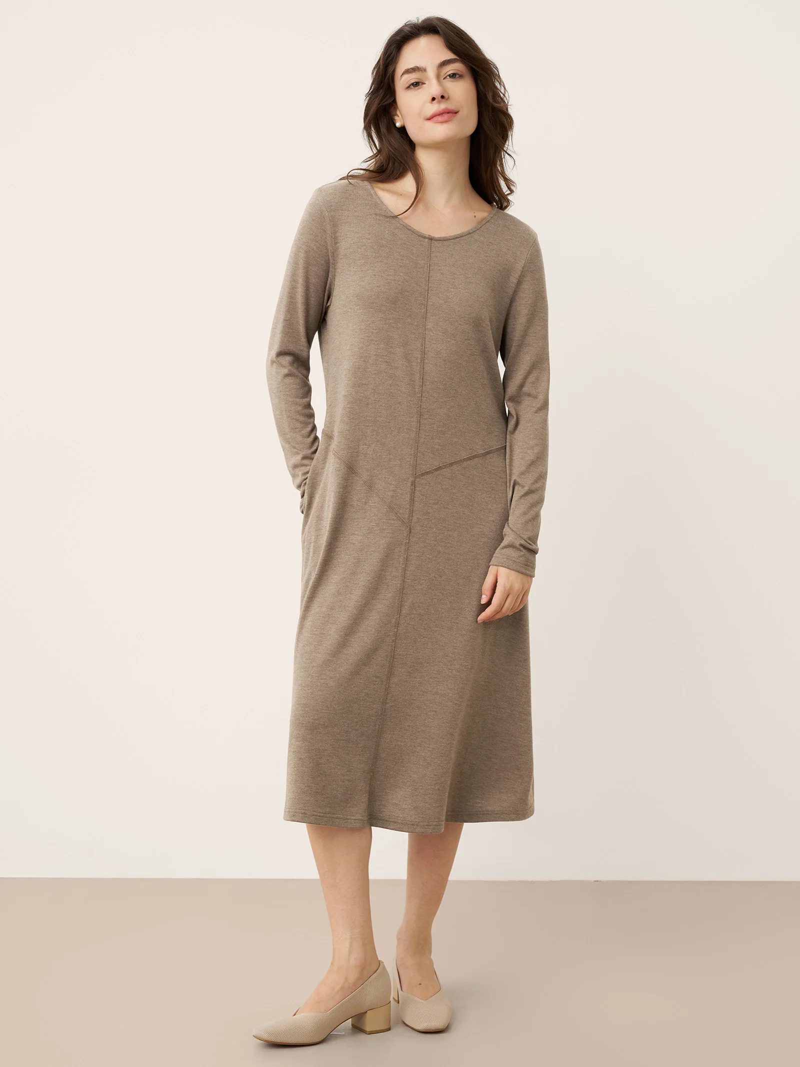 Cashmere Crew Neck Sculpted Seam A-Line Midi Dress HARLOW