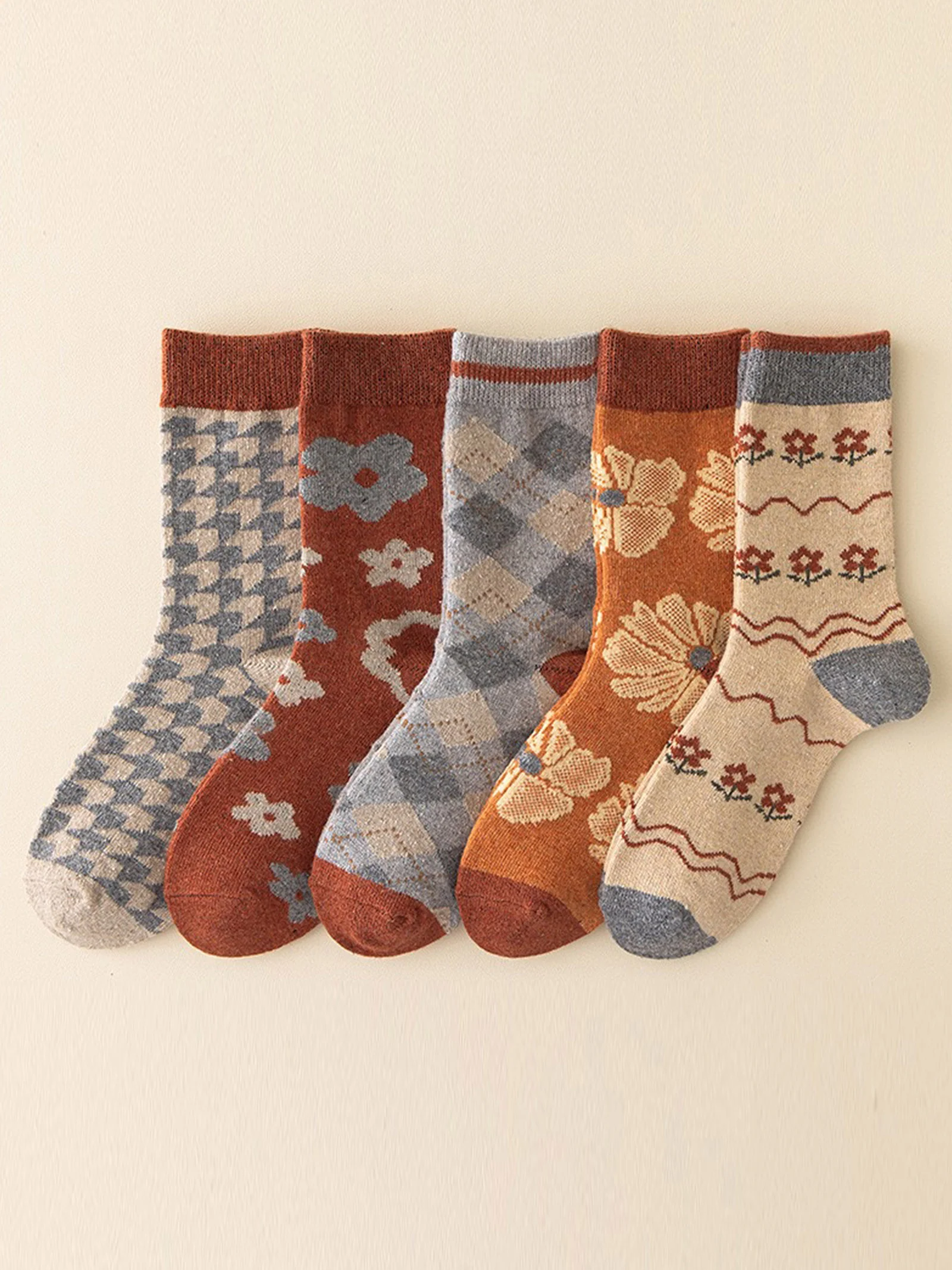 Combed Cotton 5-Pair Jacquard Mid-Calf Sock Set