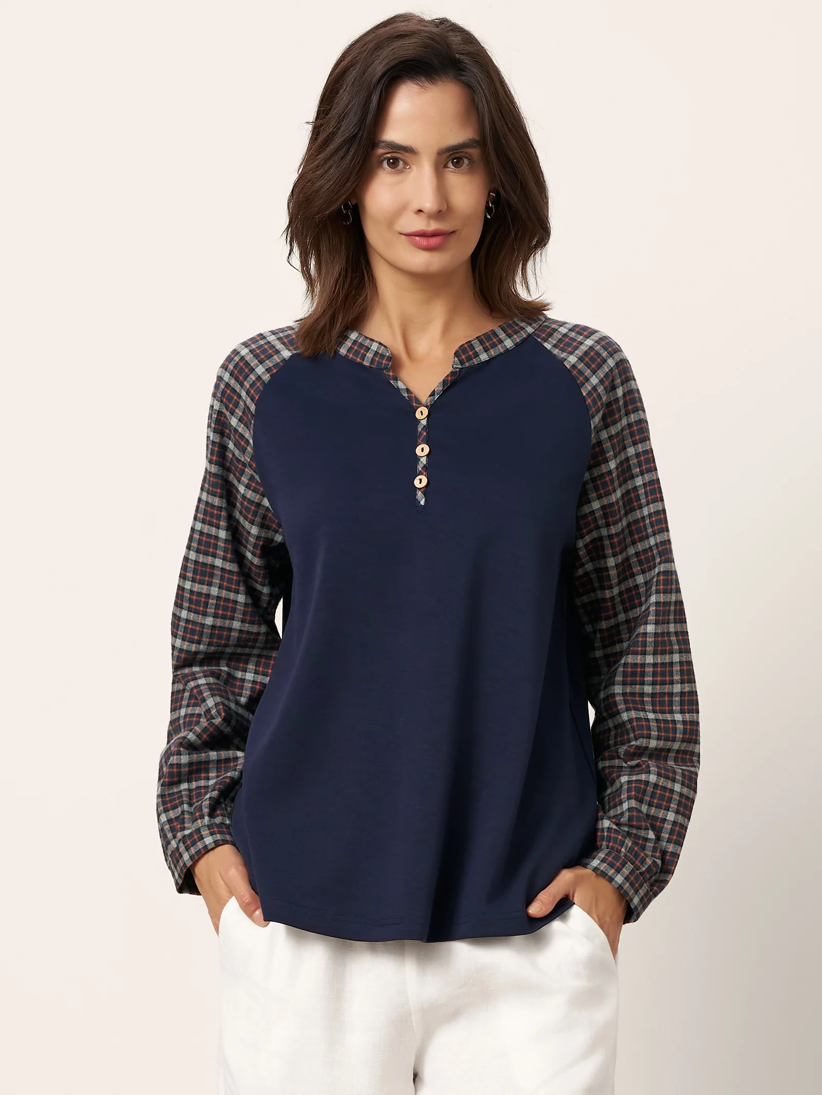Cotton Contrast Collar Long Sleeve Top CARMEN