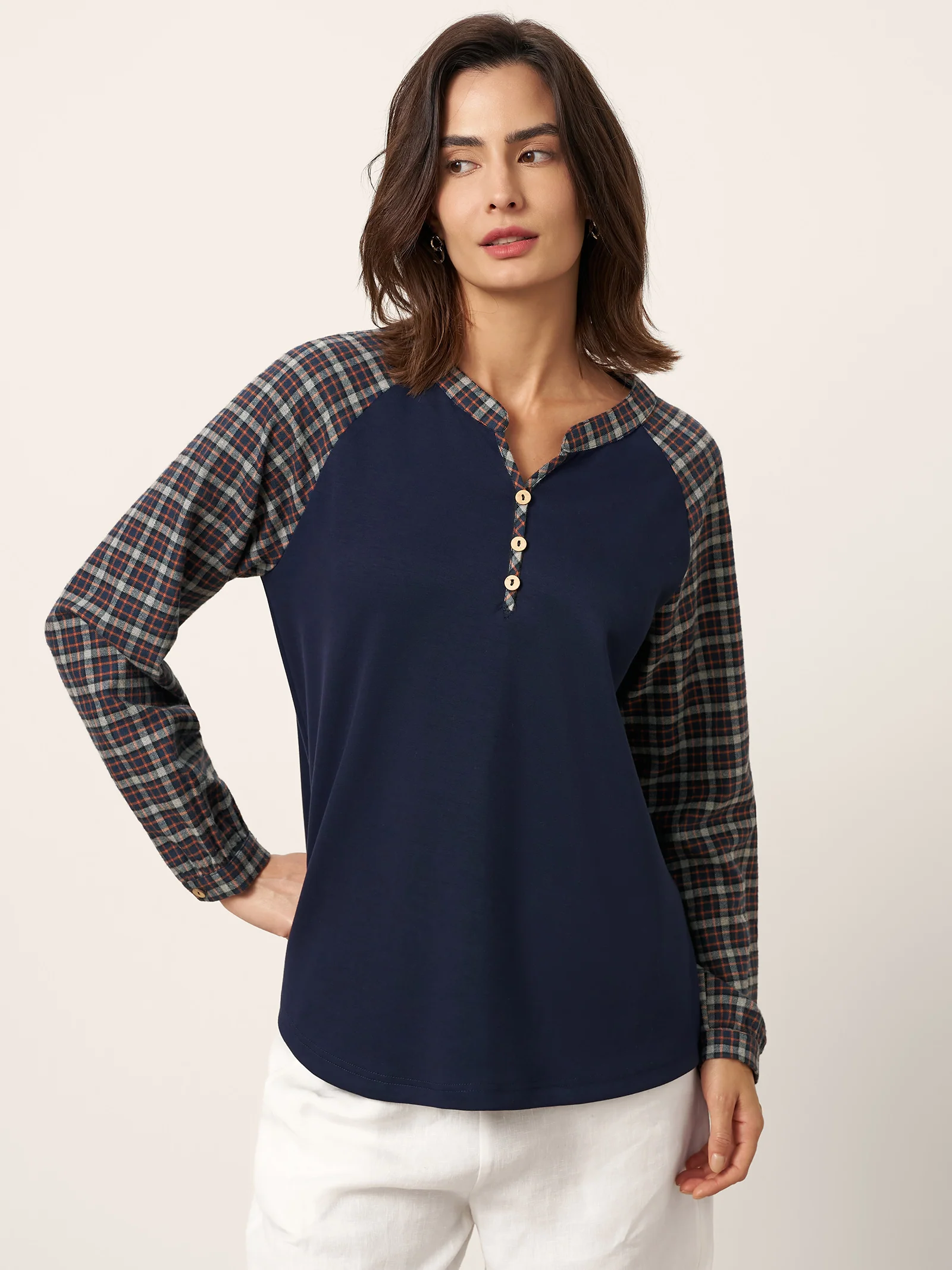 Cotton Contrast Collar Long Sleeve Top CARMEN - Image 2