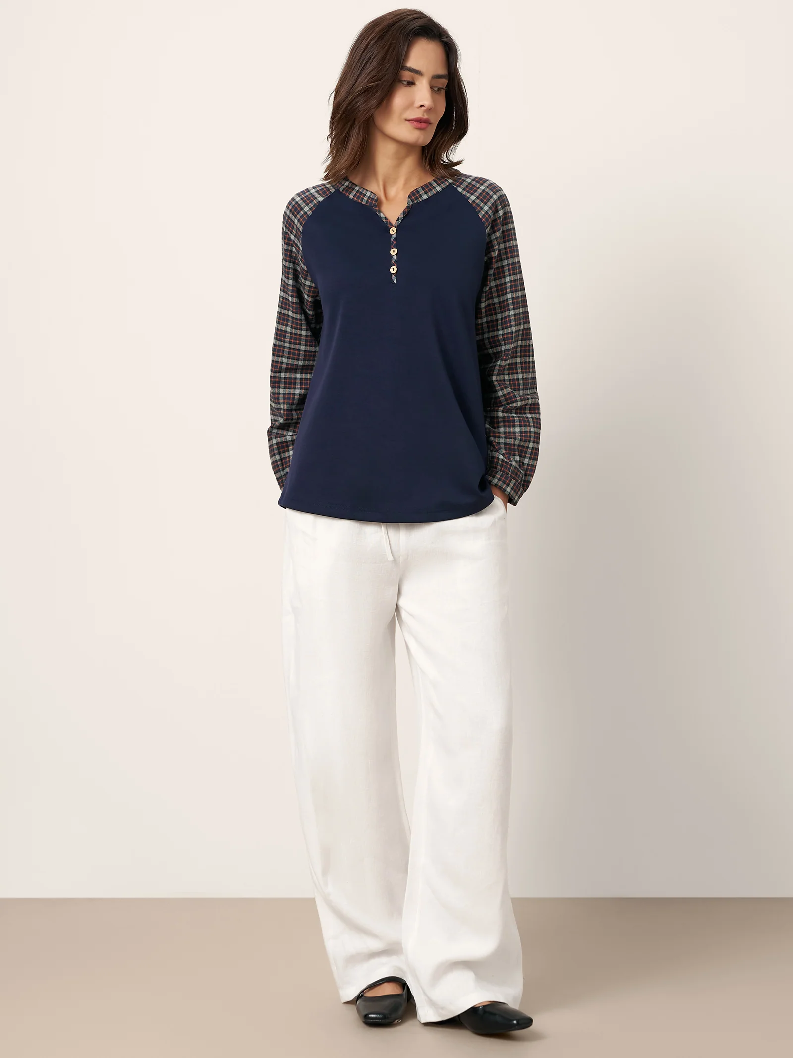 Cotton Contrast Collar Long Sleeve Top CARMEN - Image 5