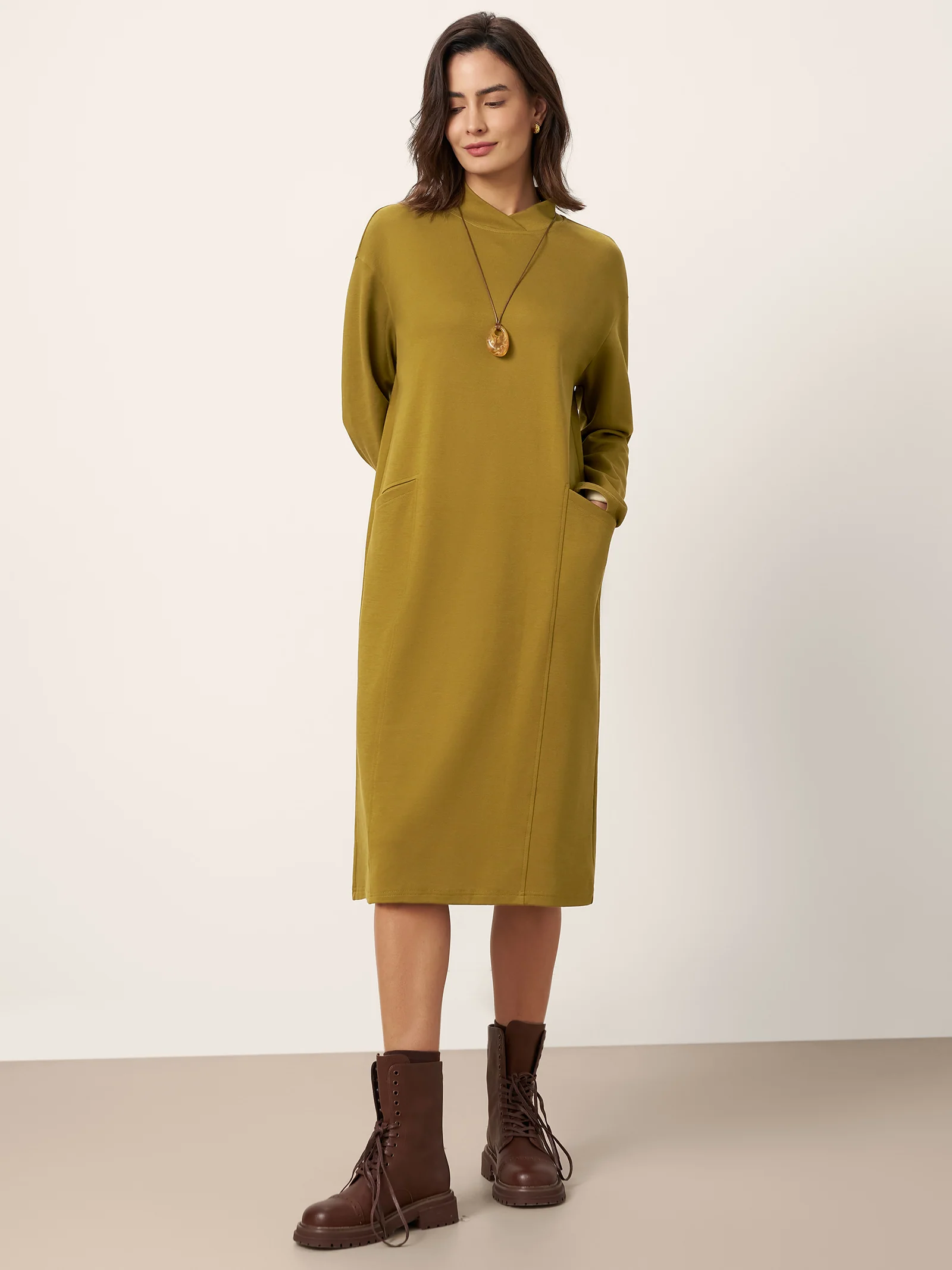 Cotton Overlap Collar Midi Dress ALANI - Image 3