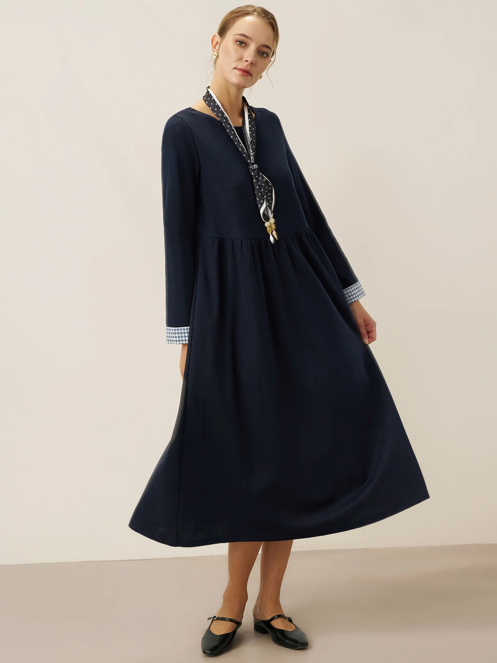 Organic Cotton Patchwork Cuff Crew Neck Casual Maxi Dress SCARLETT - Image 10