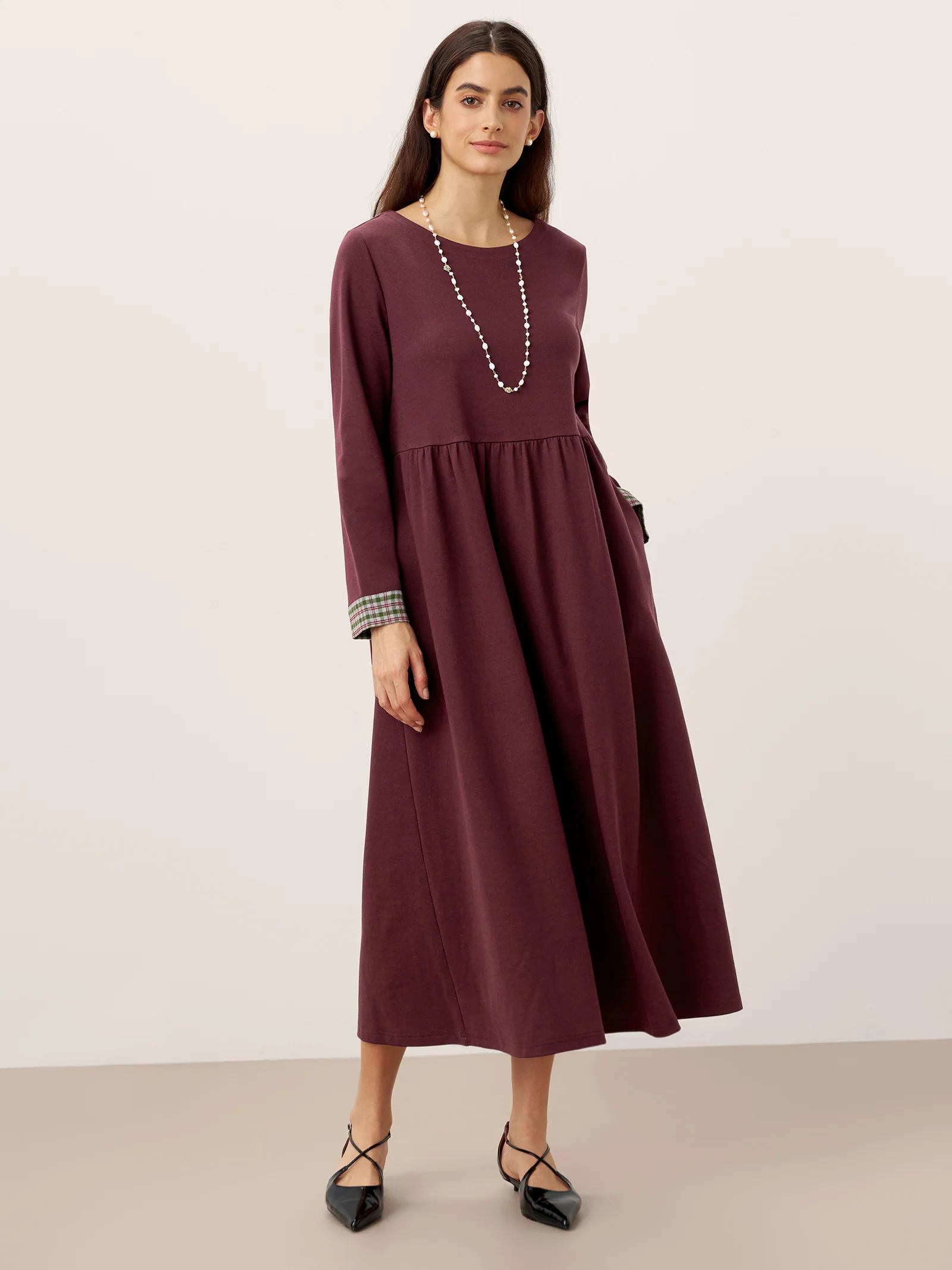 Organic Cotton Patchwork Cuff Crew Neck Casual Maxi Dress SCARLETT - Image 11