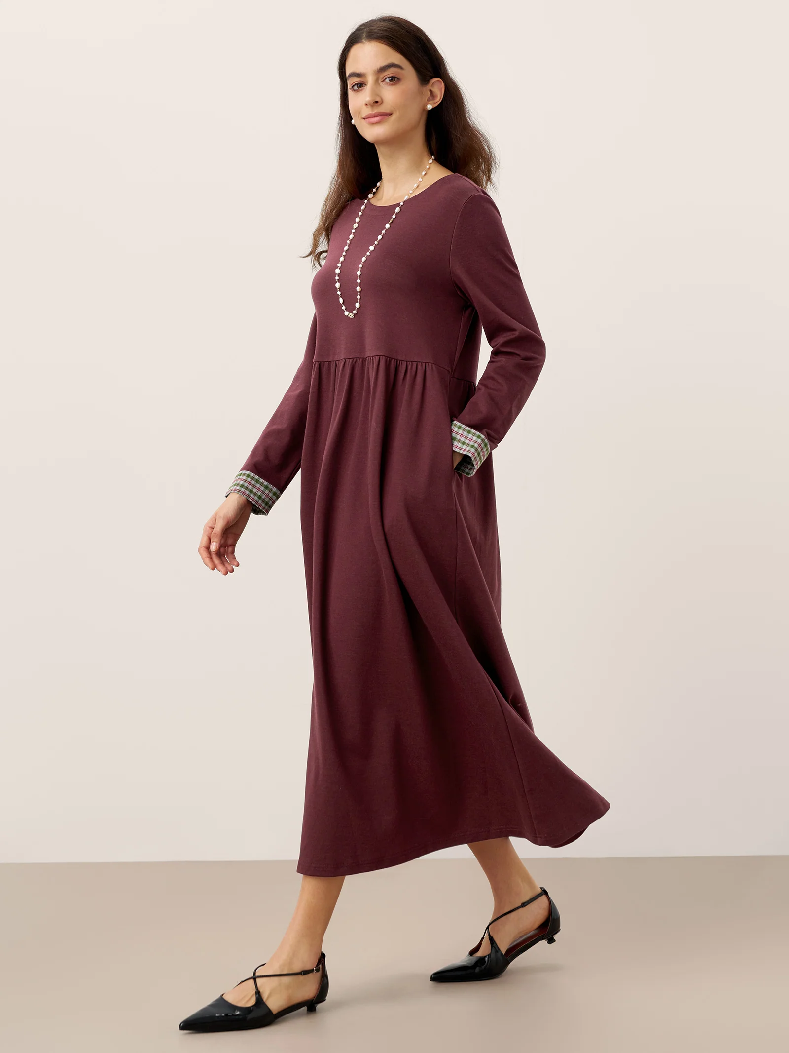 Organic Cotton Patchwork Cuff Crew Neck Casual Maxi Dress SCARLETT - Image 12