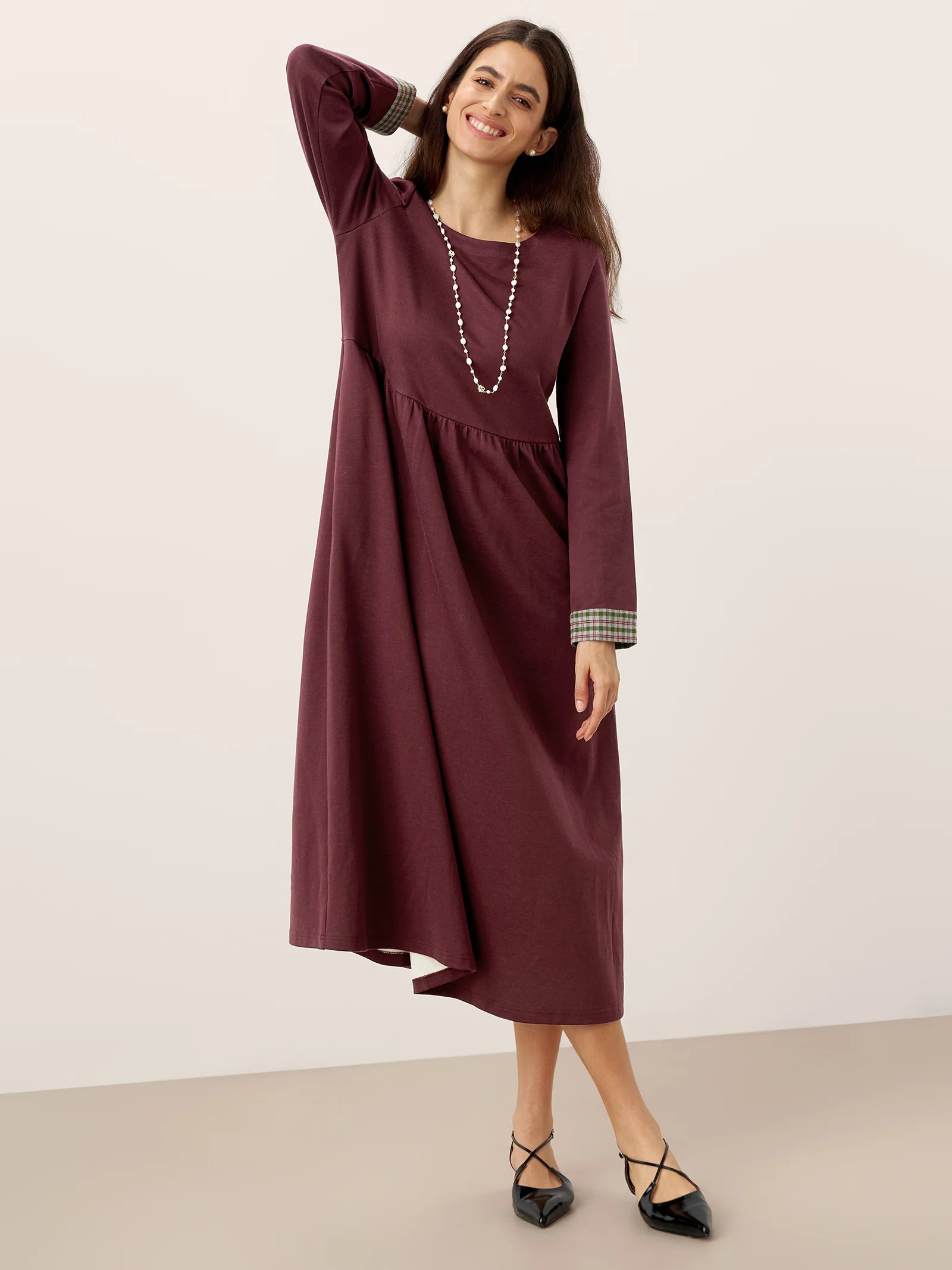 Organic Cotton Patchwork Cuff Crew Neck Casual Maxi Dress SCARLETT - Image 14