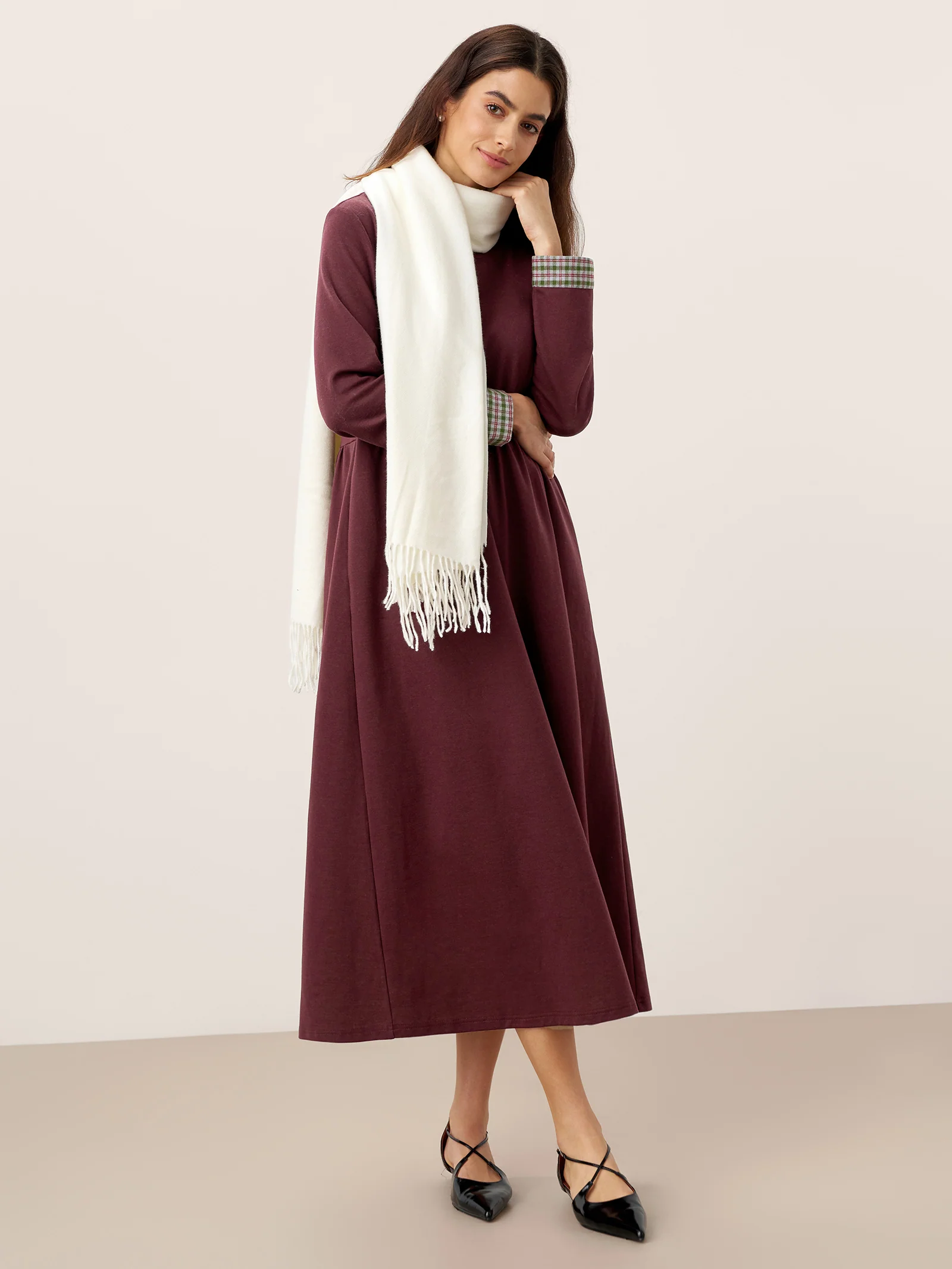 Organic Cotton Patchwork Cuff Crew Neck Casual Maxi Dress SCARLETT - Image 17