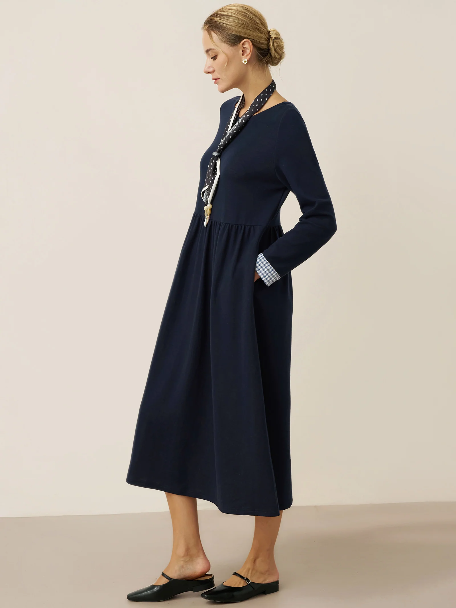Organic Cotton Patchwork Cuff Crew Neck Casual Maxi Dress SCARLETT - Image 4