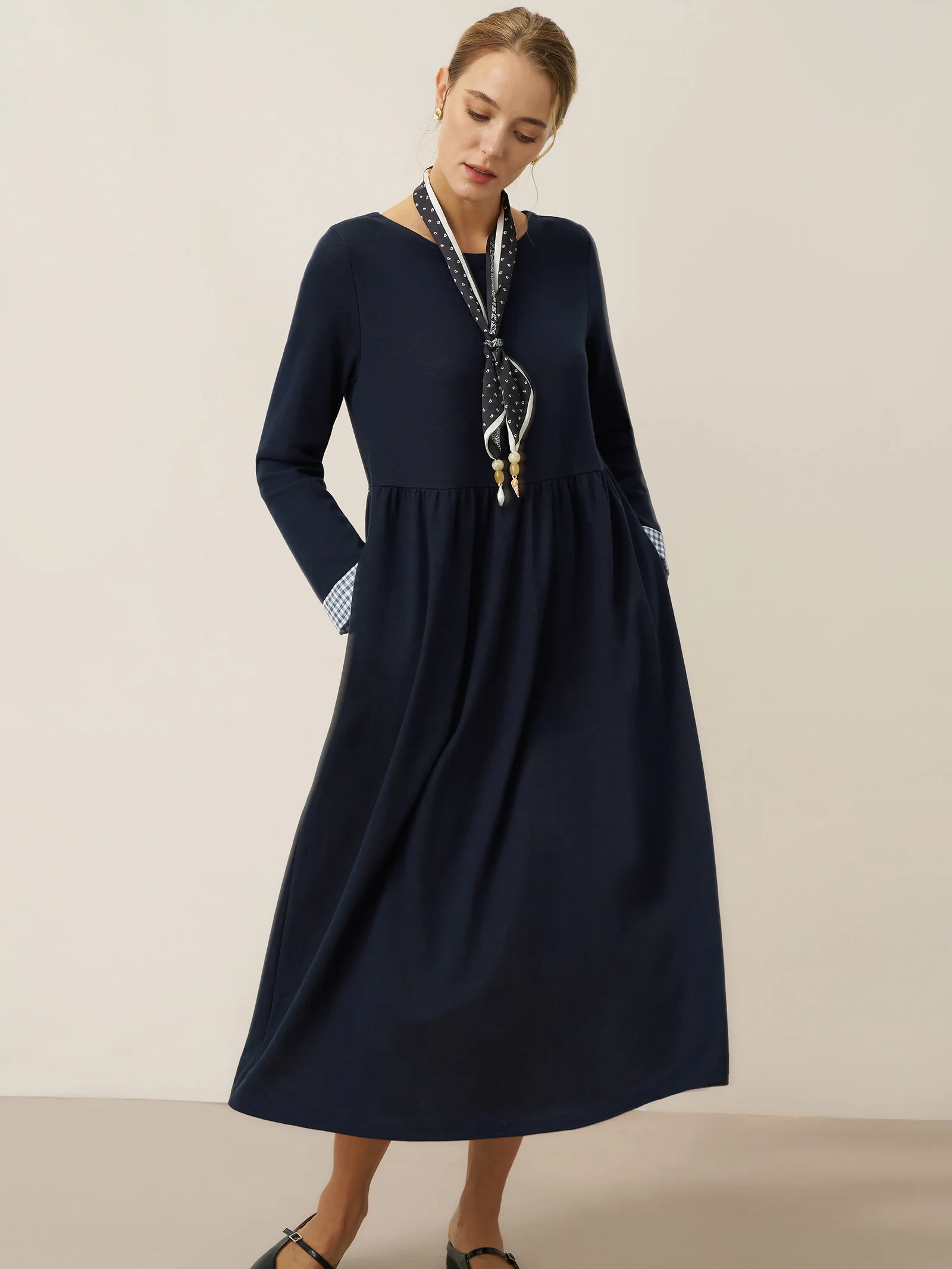 Organic Cotton Patchwork Cuff Crew Neck Casual Maxi Dress SCARLETT - Image 5